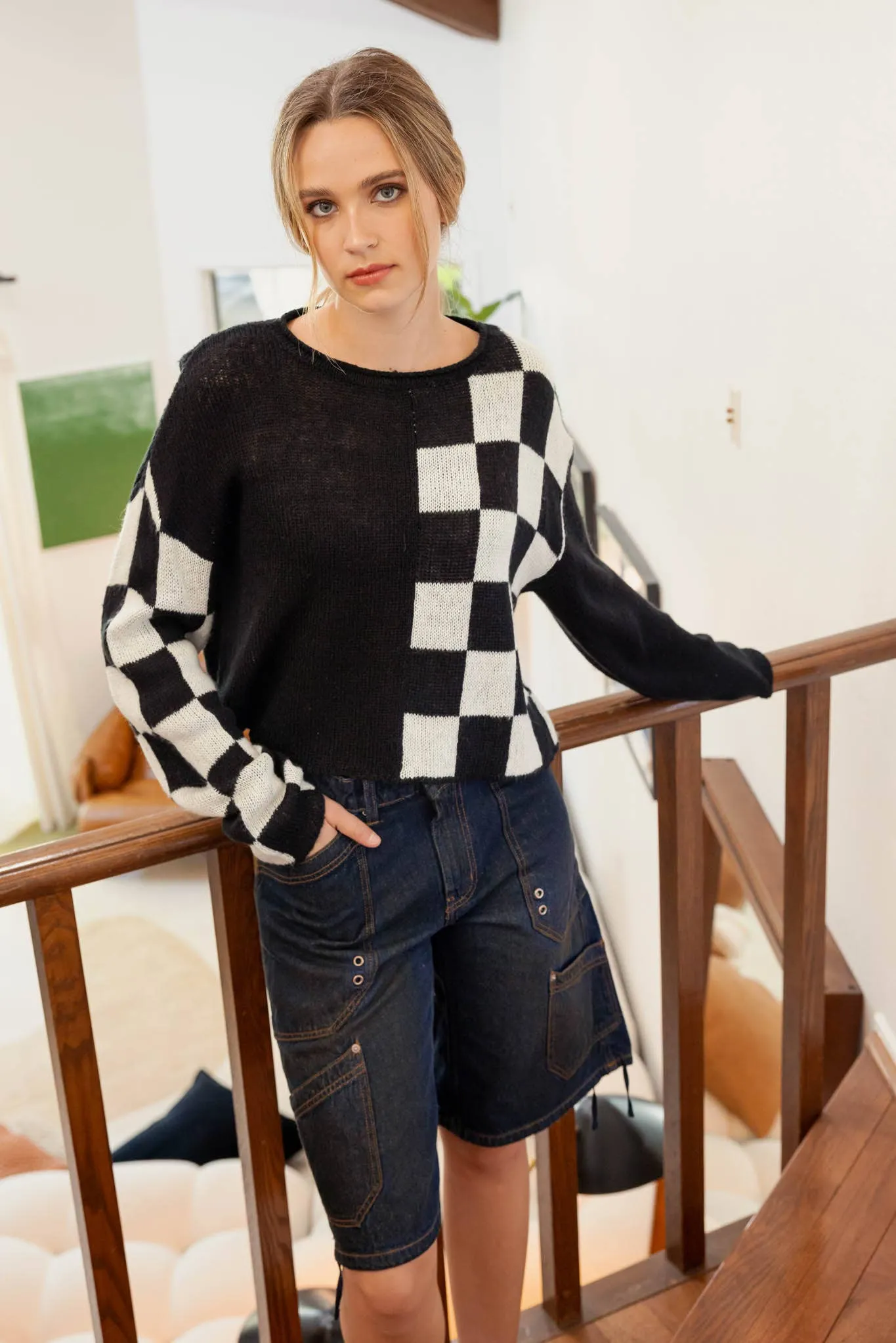 HIT THE TRACK COLORBLOCK CHECKERED LONG SLEEVE KNIT SWEATER