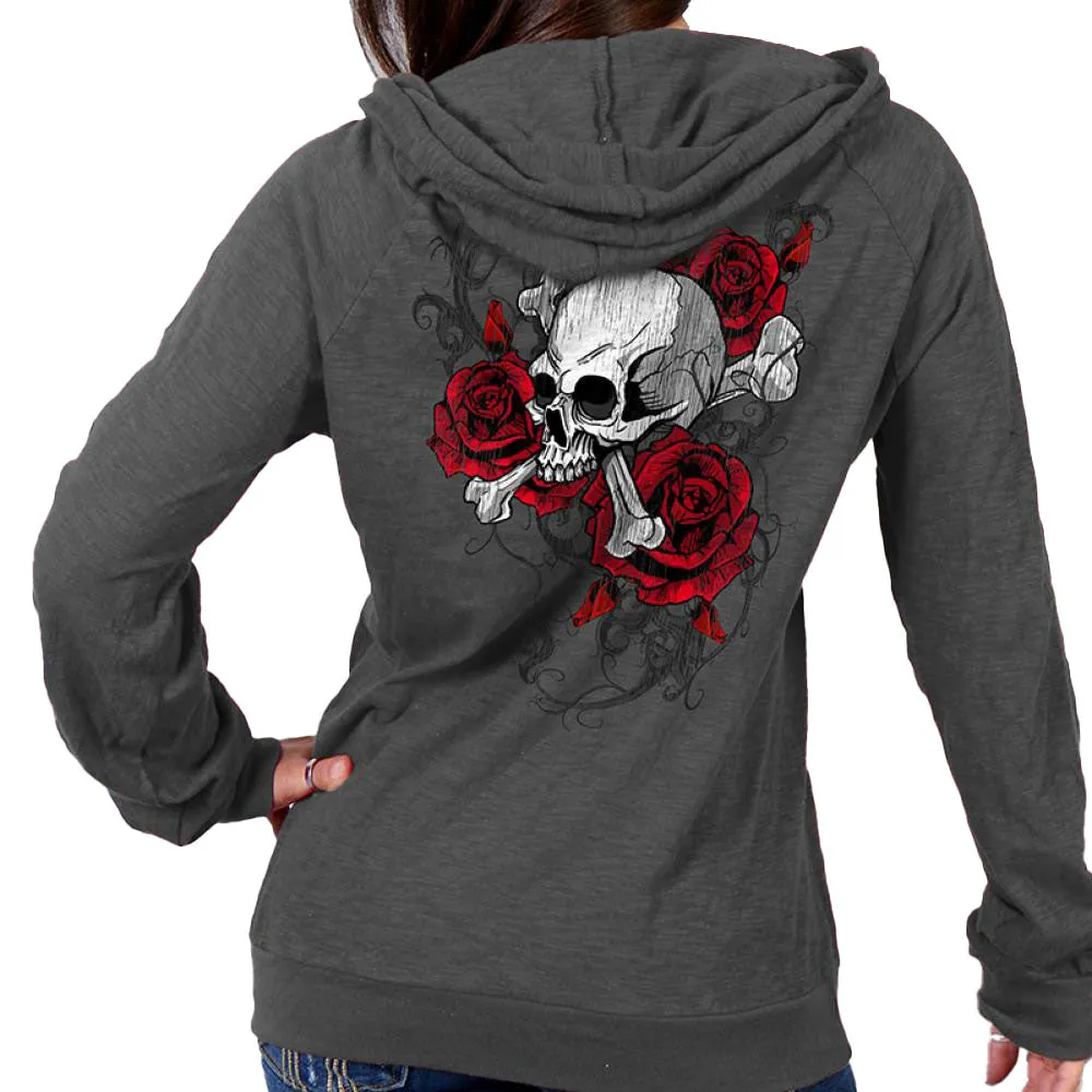 Hot Leathers GLZ4525 Ladies Skull Roses Dark Gray Hooded Sweatshirt