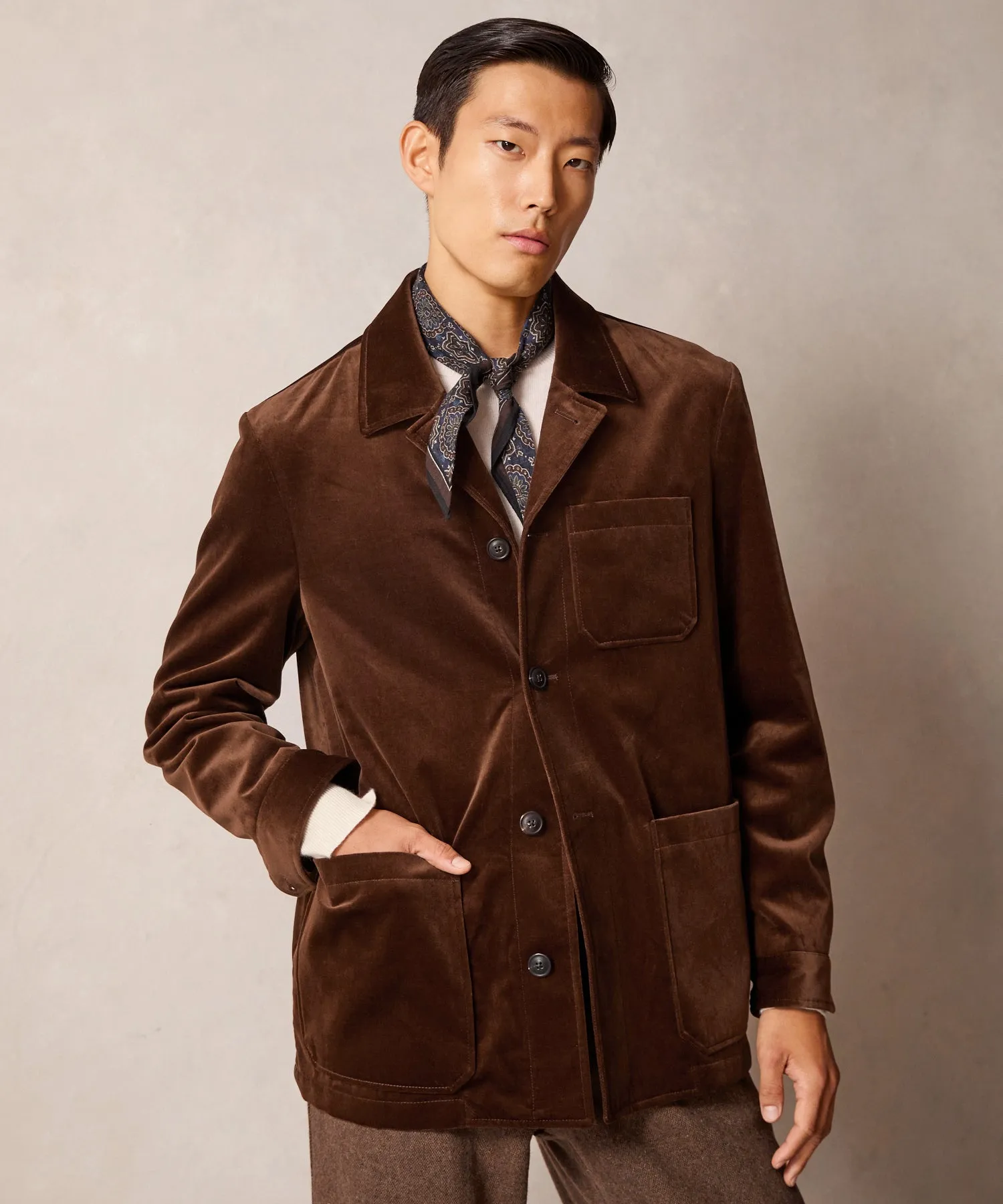 Italian Velvet Tailored Chore Coat in Chocolate