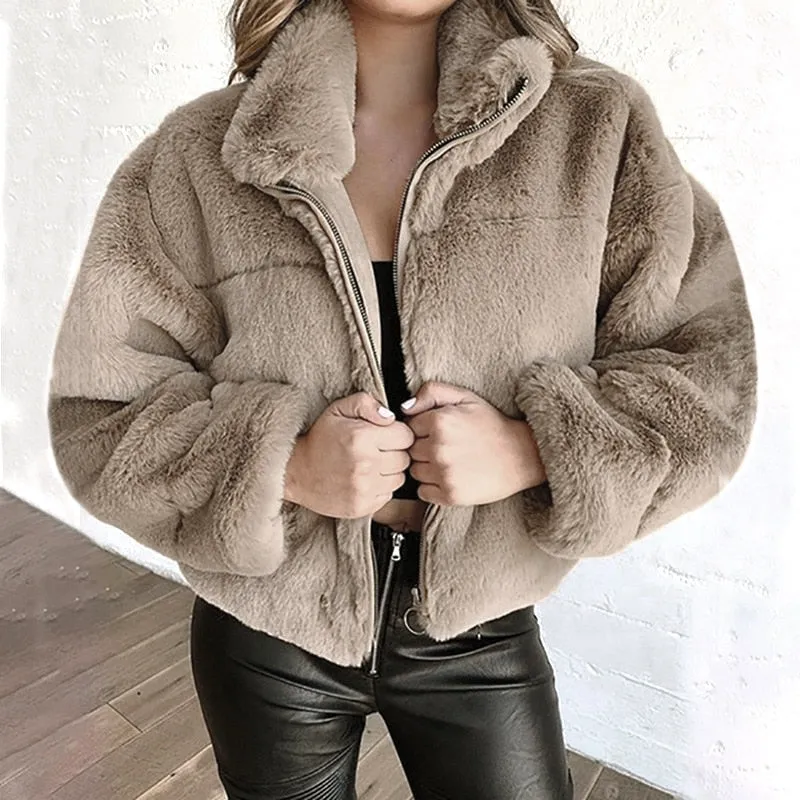 Joskaa Christmas Gift Elegant Solid Chic Zipper Office Tops Coats New Winter Women Fur Faux Fur Coat Warm Soft Jackets Ladies Fashion Casual Outwears