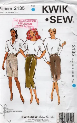 Kwik Sew 2135 Womens EASY Plus Sized Slim Skirts 1990s Vintage Sewing Pattern Size 14 - 22 UNCUT Factory Folded