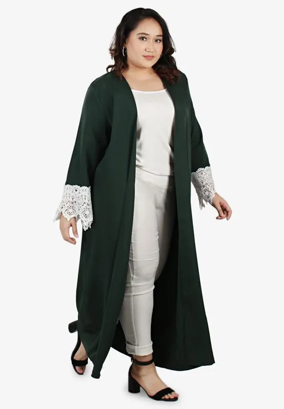 Lesley Lace Abaya-Style Open Cardigan - Forest Green