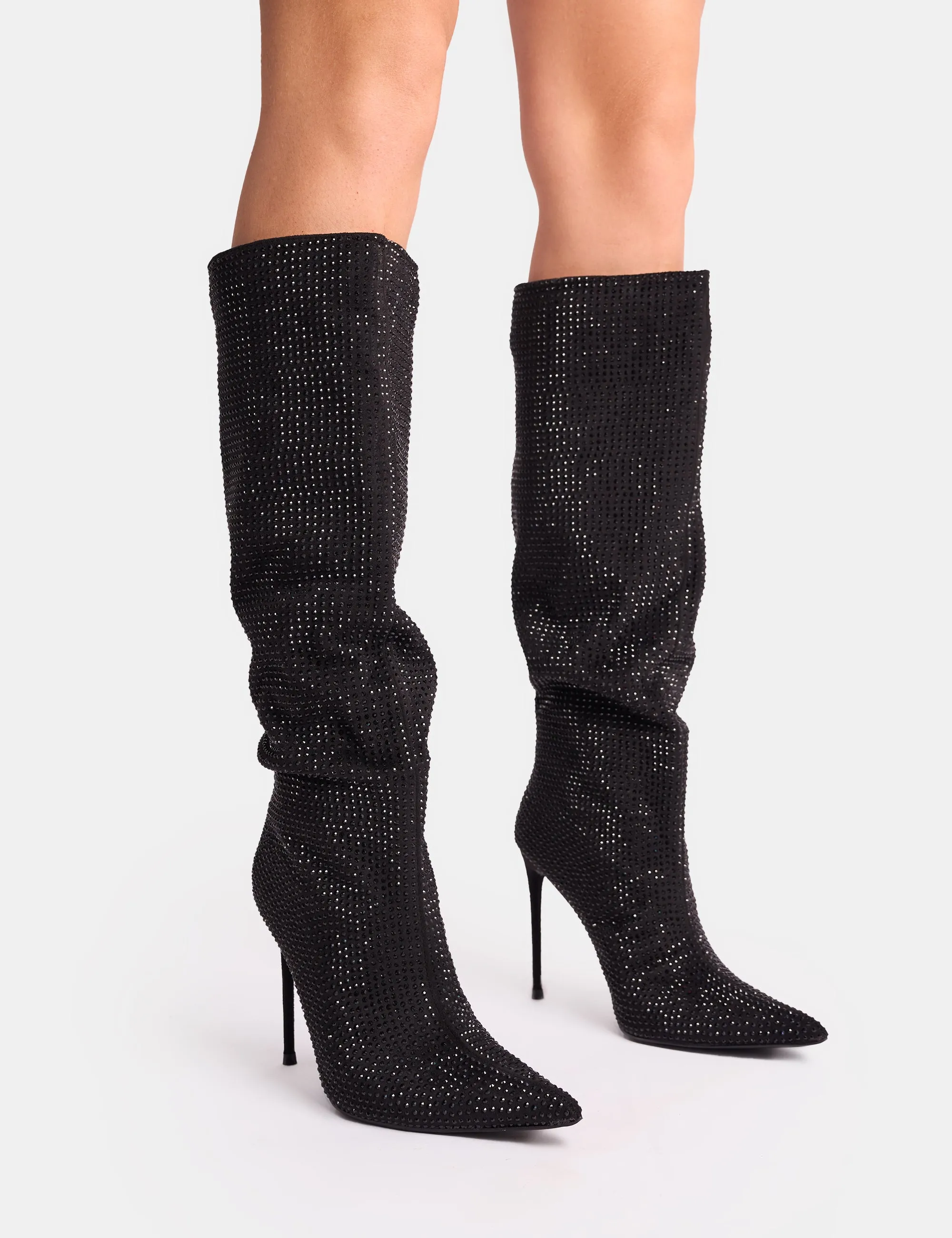 Lothario Black Diamante Knee High Boots