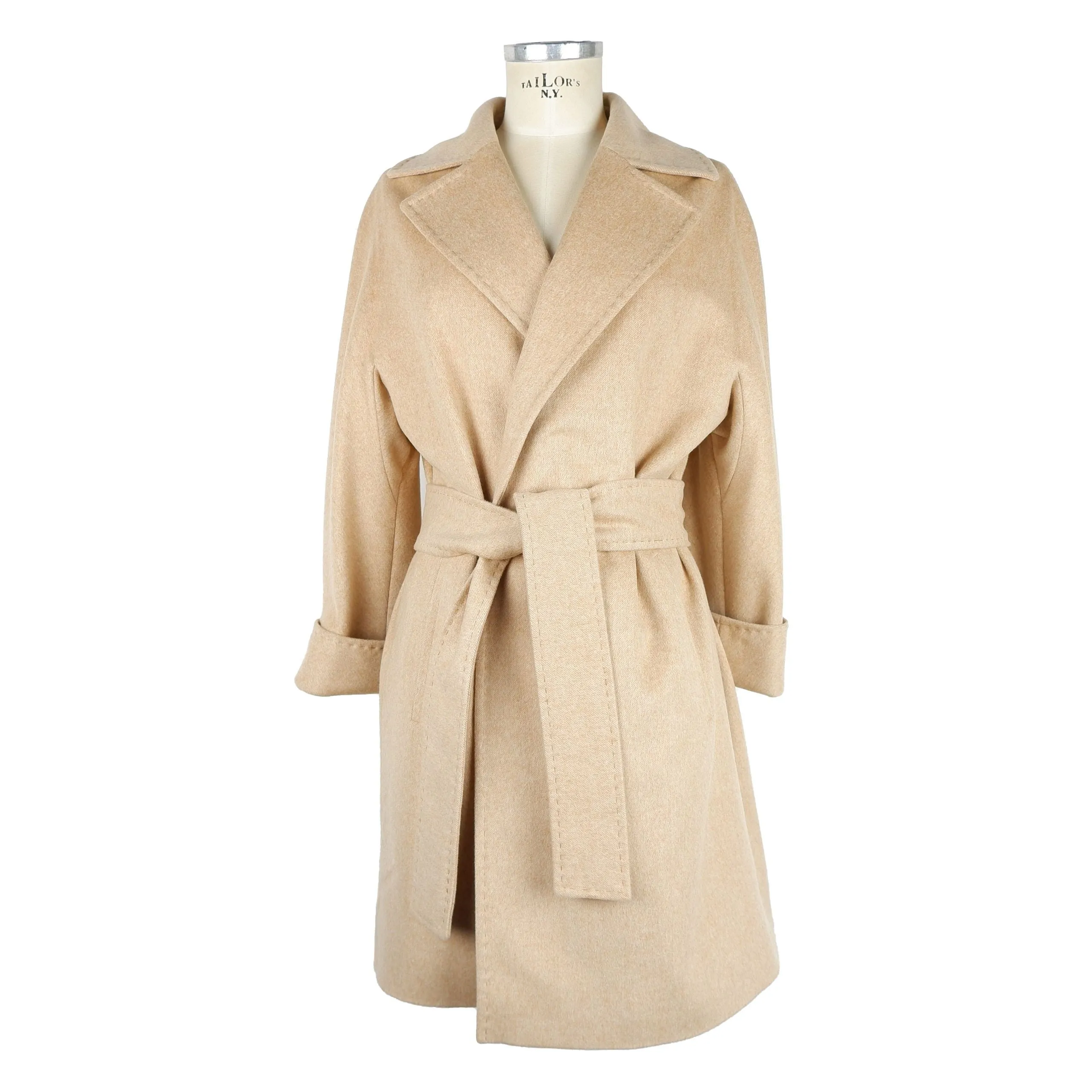 Made in Italy Elegant Beige Wool Coat with Waist Belt