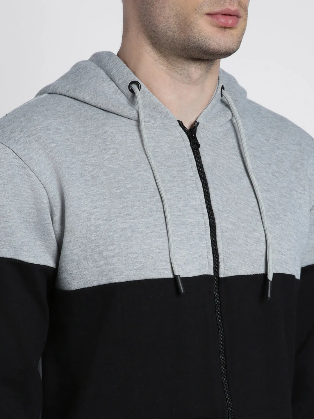 Men's Grey colorblock Front-Open Hooded Sweatshirt