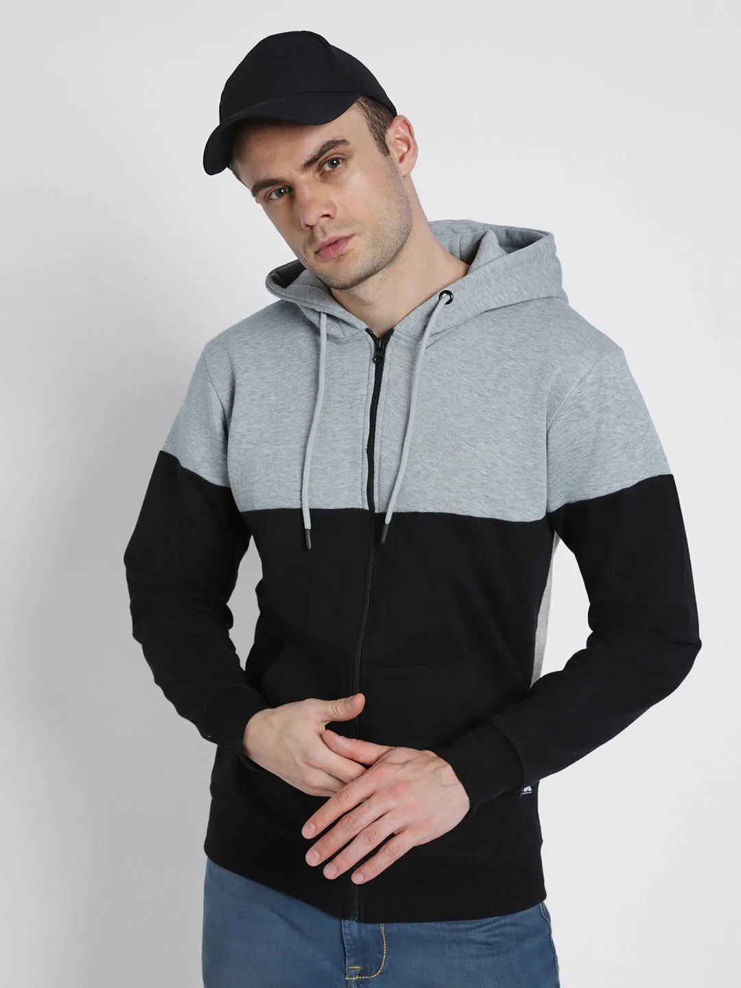 Men's Grey colorblock Front-Open Hooded Sweatshirt