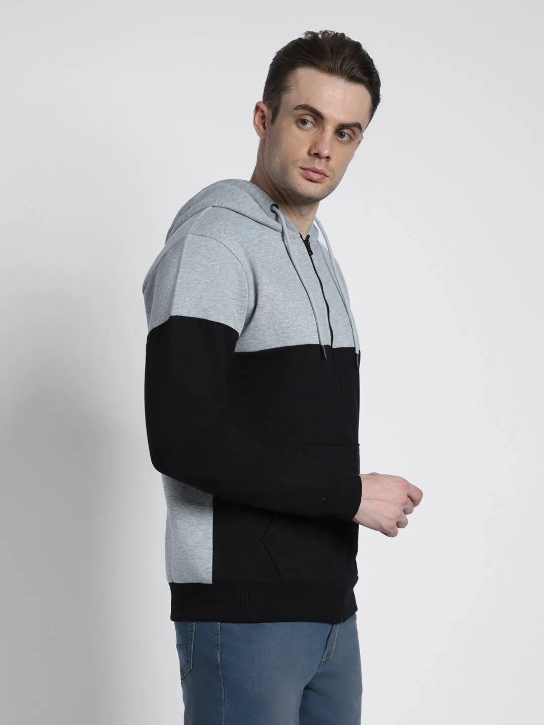 Men's Grey colorblock Front-Open Hooded Sweatshirt