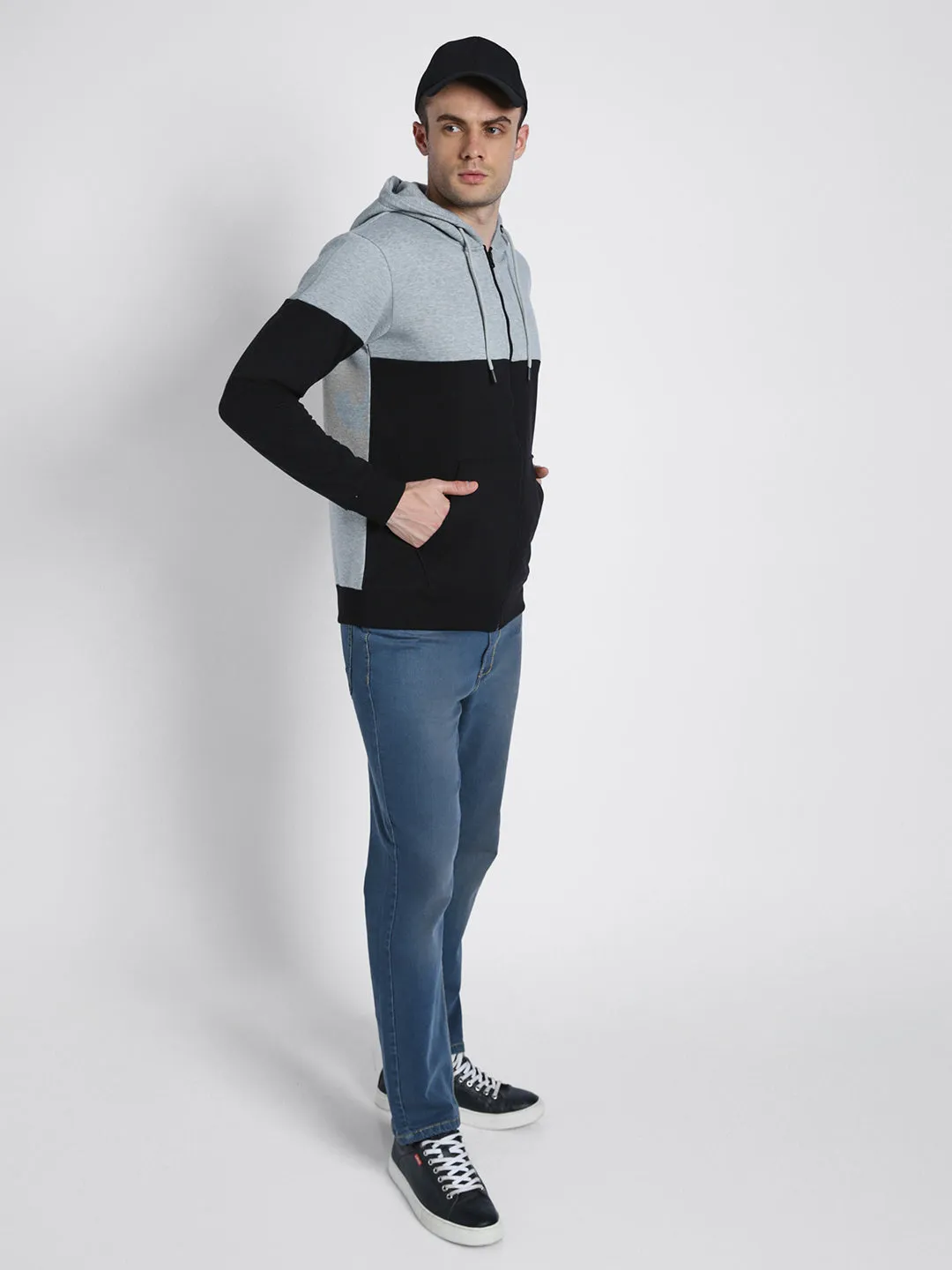 Men's Grey colorblock Front-Open Hooded Sweatshirt