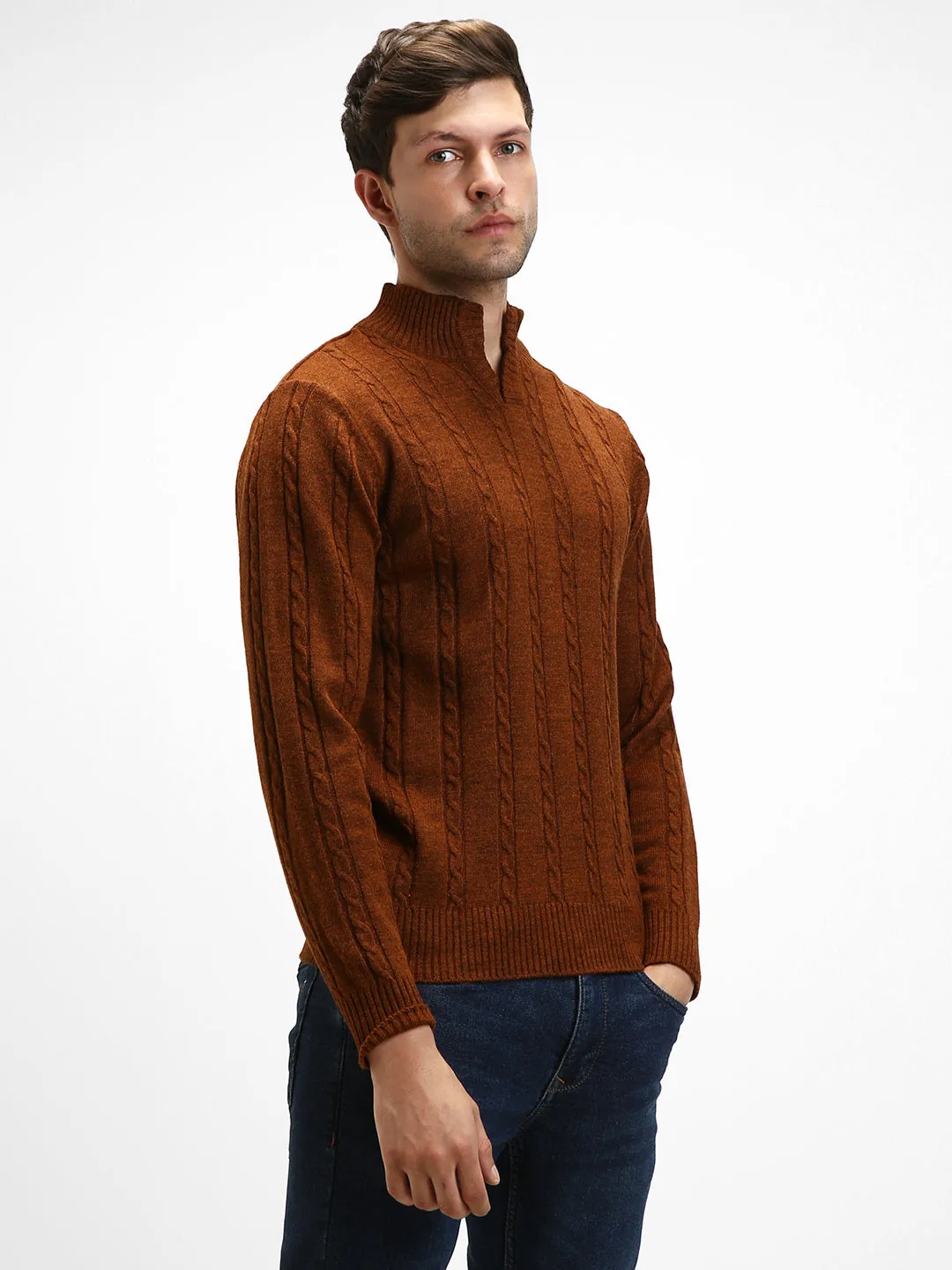 Men's Mock Regular Fit Cable Rust Sweater