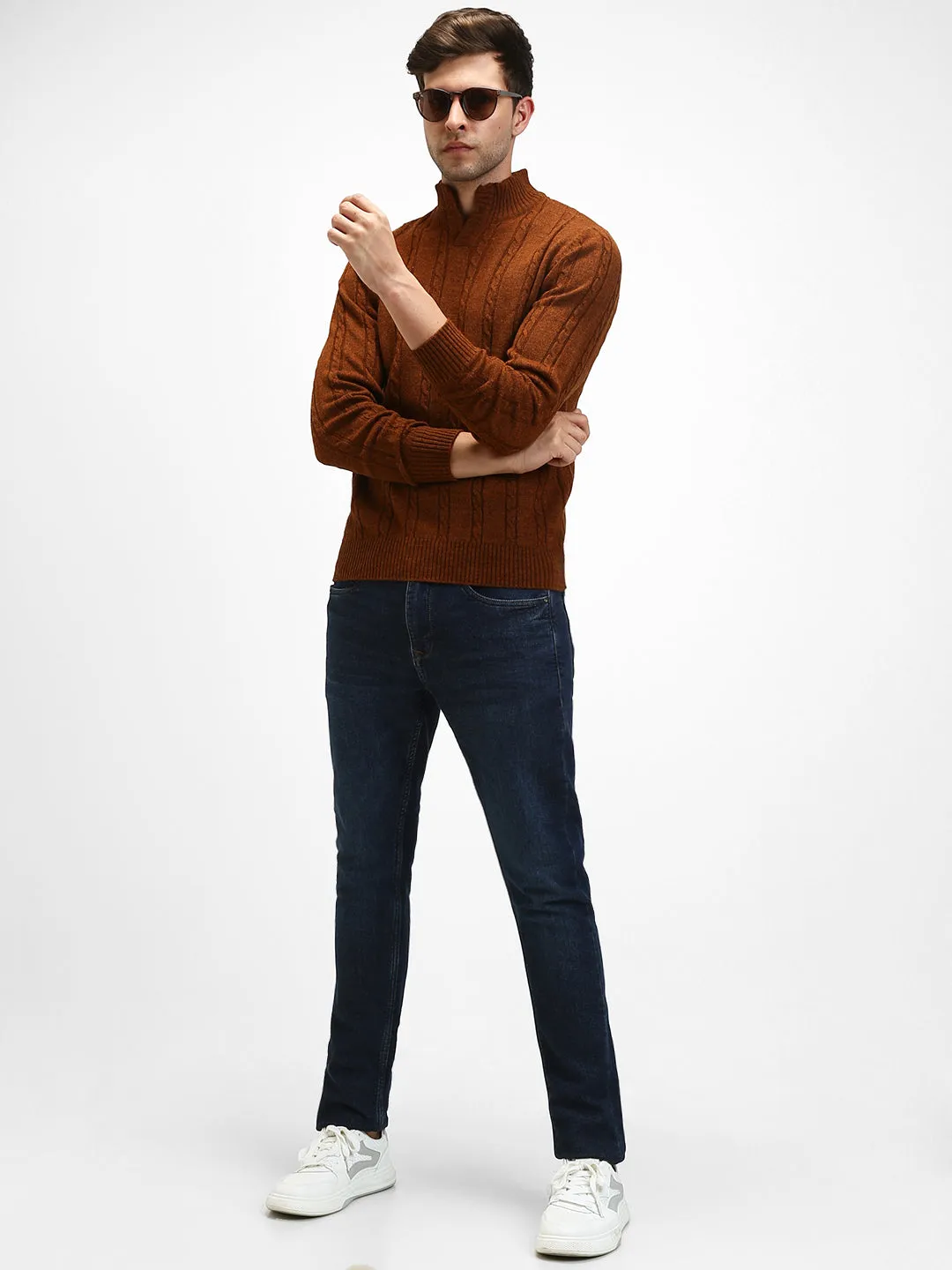 Men's Mock Regular Fit Cable Rust Sweater