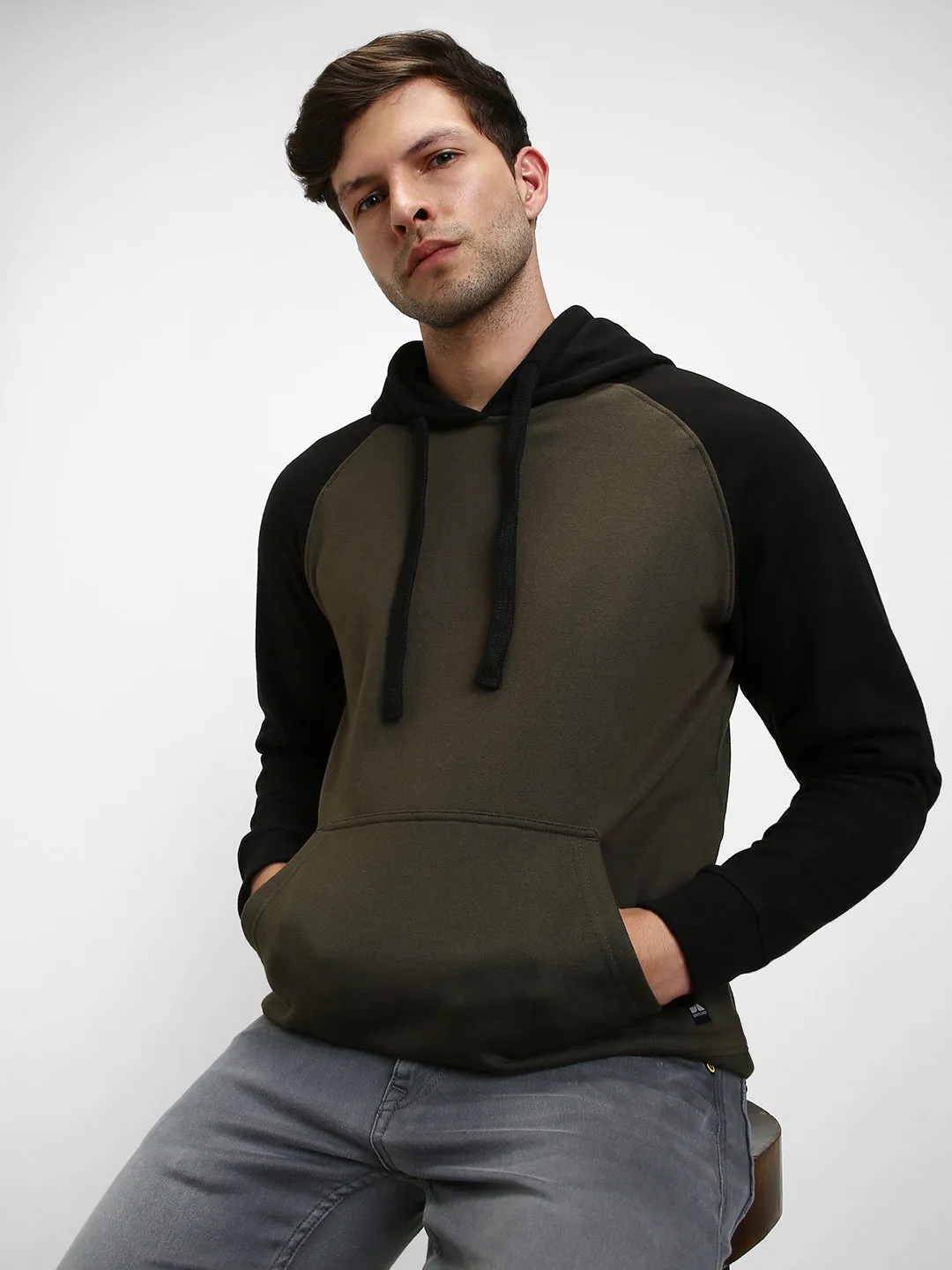 Men's Olive colorblock Hooded Sweatshirt