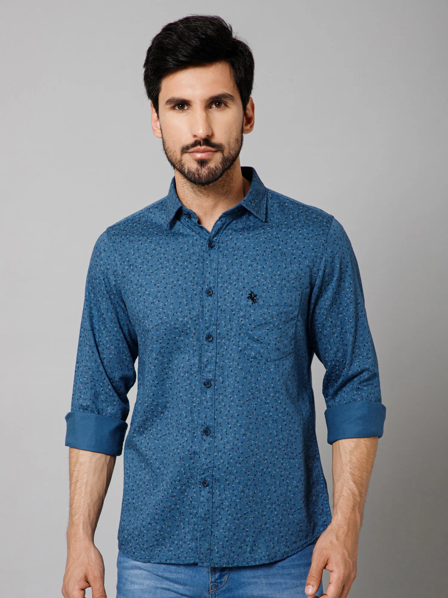 Men's Teal Blue Casual Floral Ditsy Print Full Sleeve Shirt