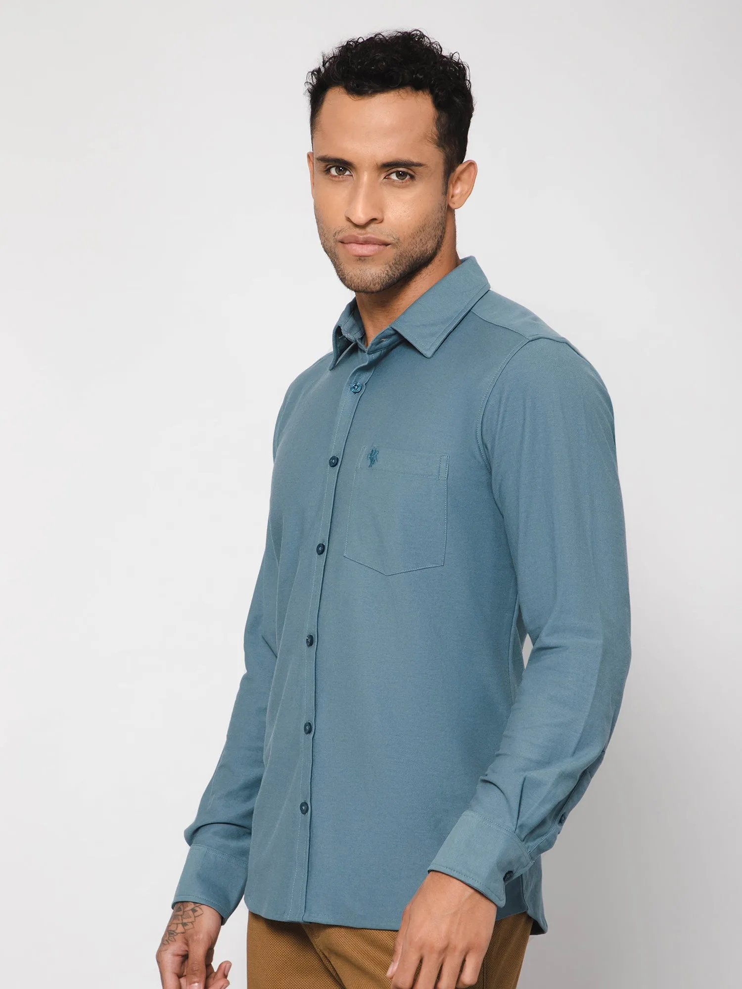 Men's Teal Blue Casual Knit Self Textured Full Sleeve Shirt