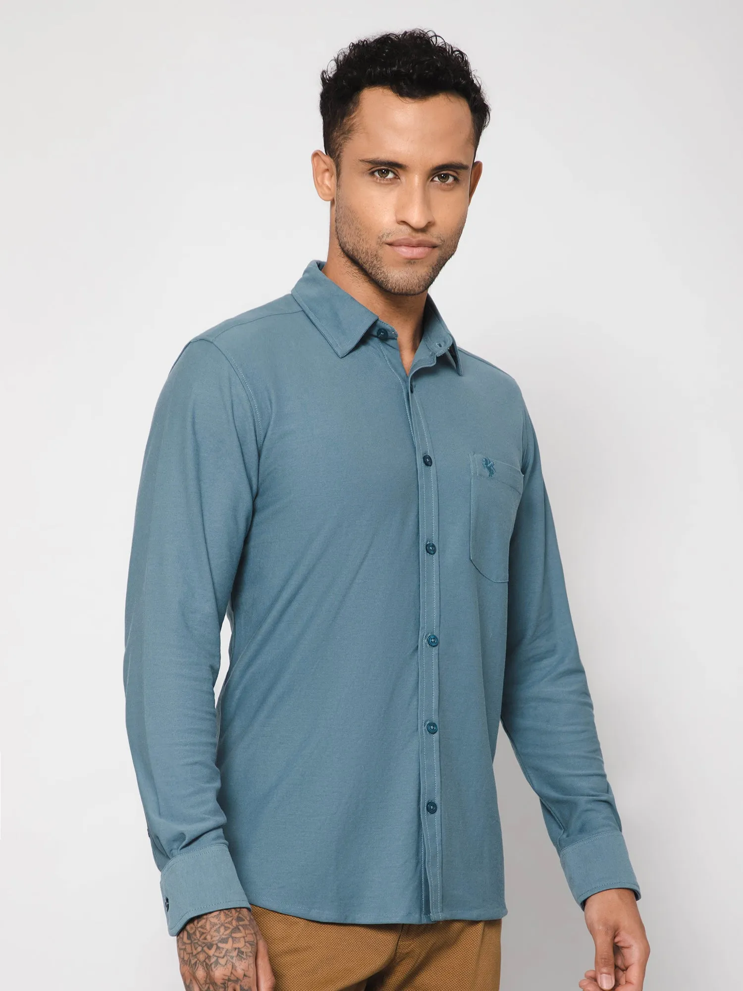 Men's Teal Blue Casual Knit Self Textured Full Sleeve Shirt