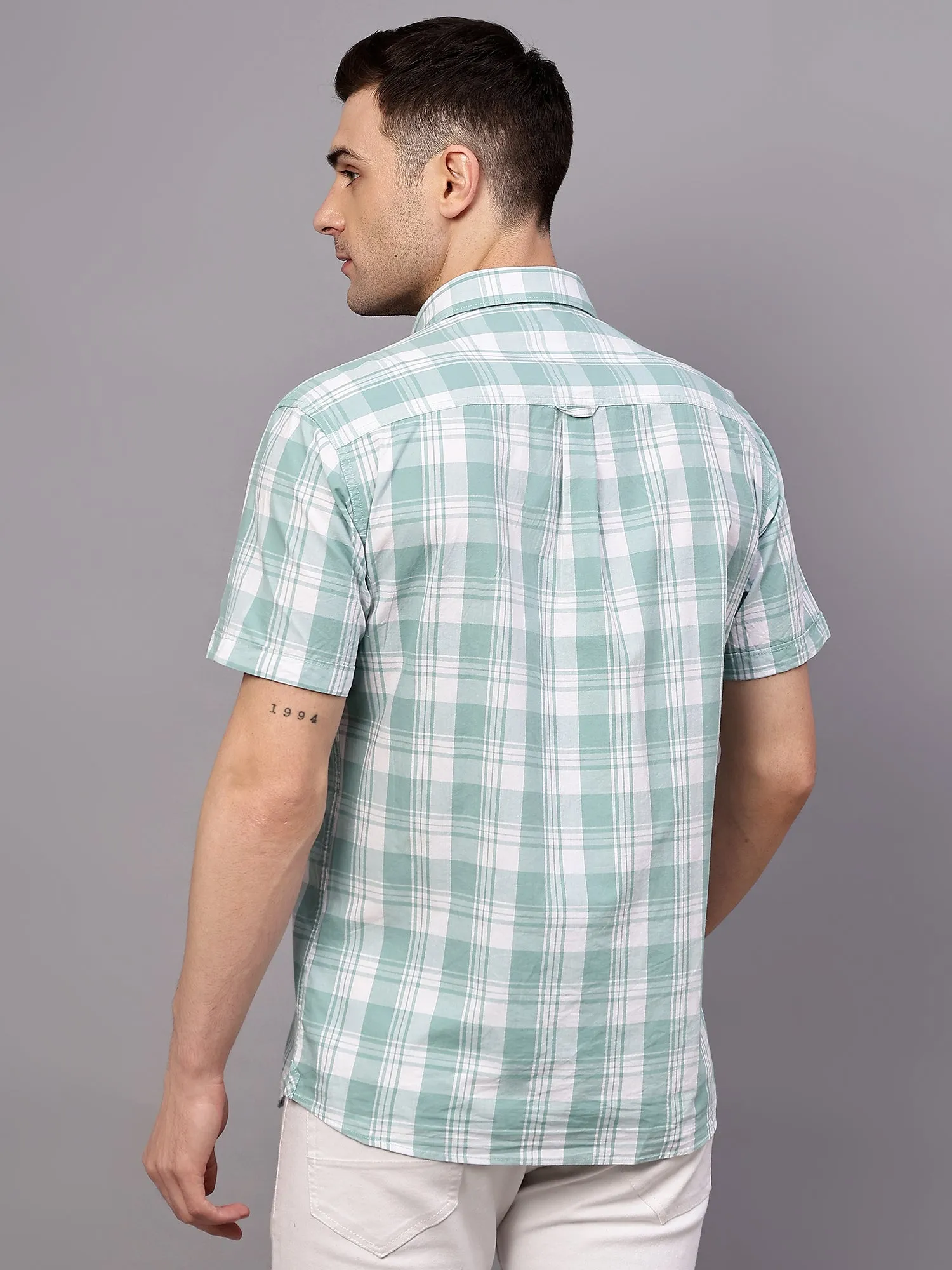 Men's Turquoise Casual Big Checks Half sleeve Shirt