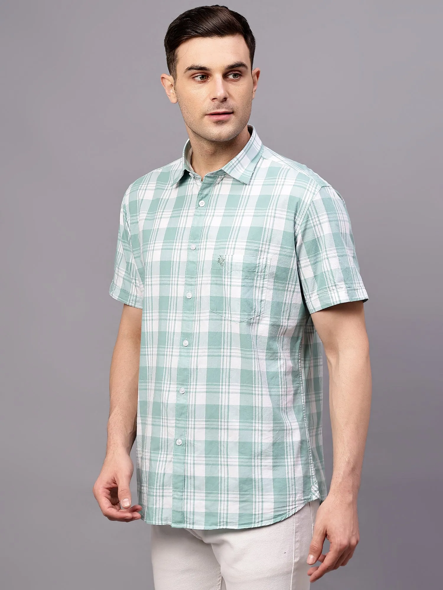 Men's Turquoise Casual Big Checks Half sleeve Shirt