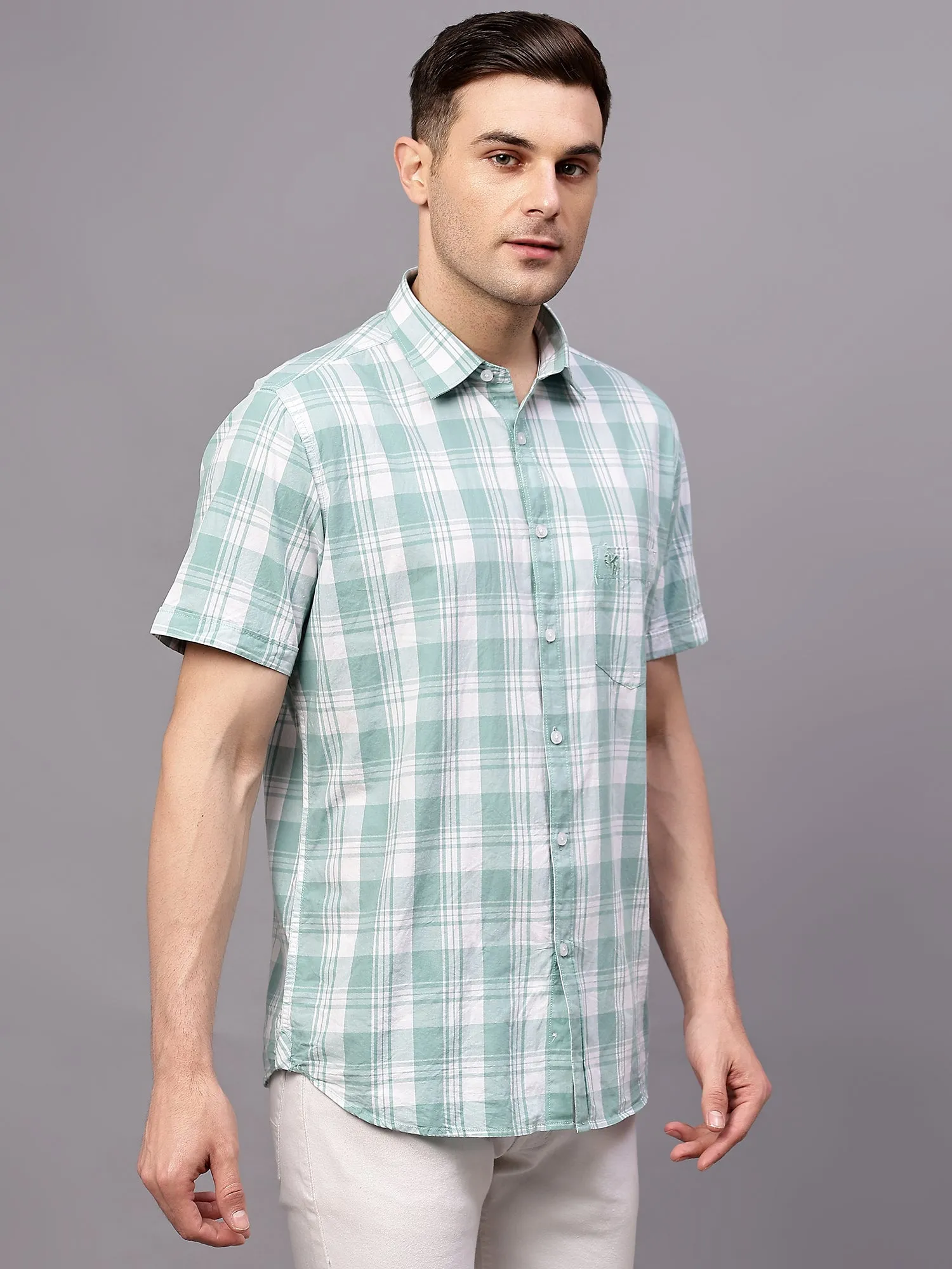 Men's Turquoise Casual Big Checks Half sleeve Shirt