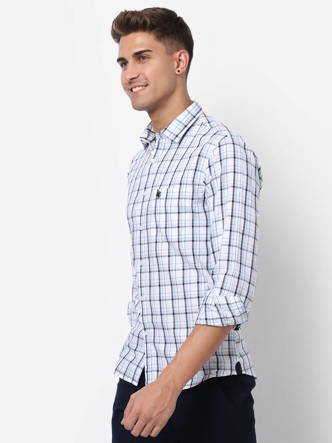 Men's White Casual Medium Checks Full Sleeve Shirt