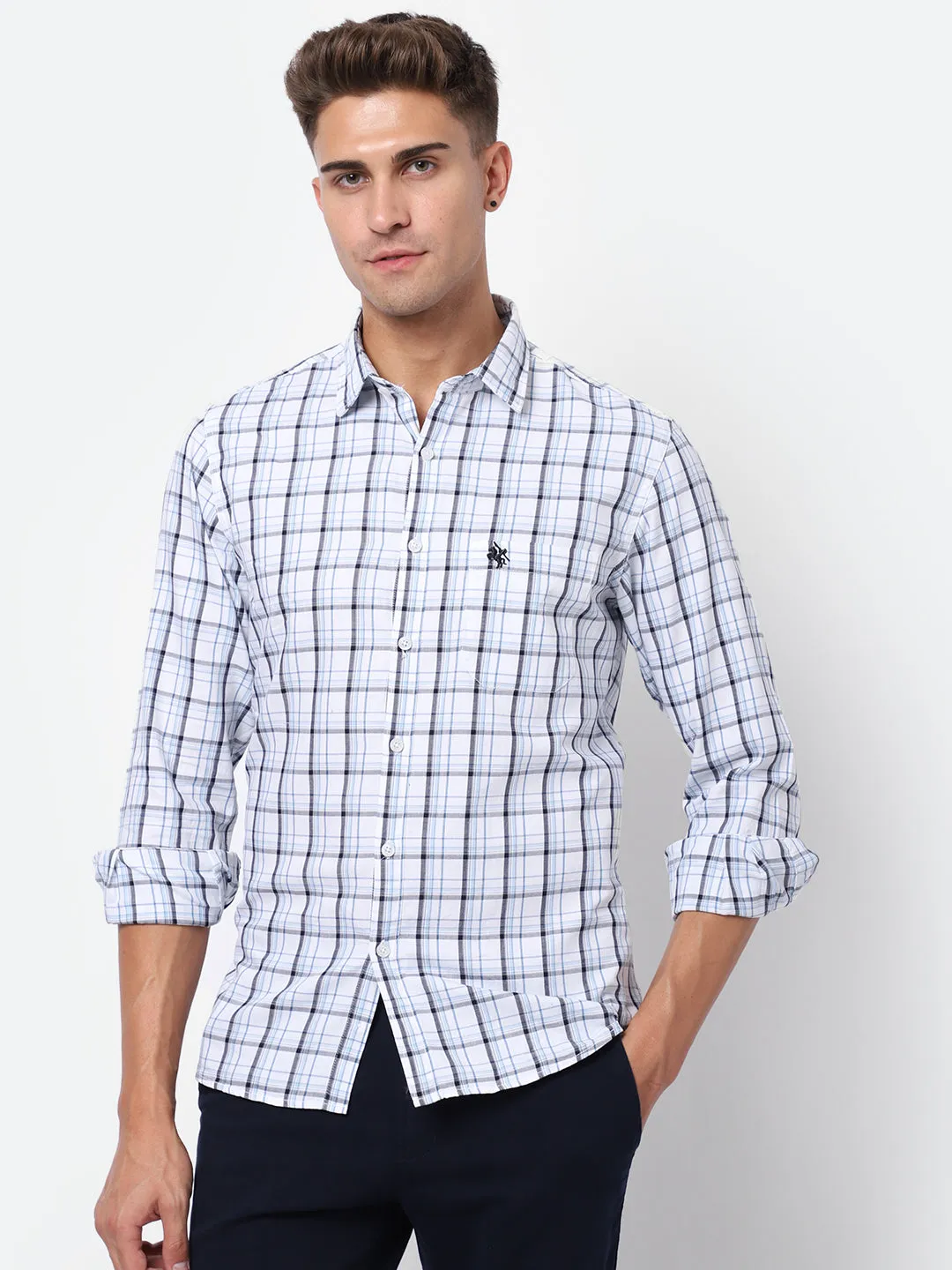 Men's White Casual Medium Checks Full Sleeve Shirt