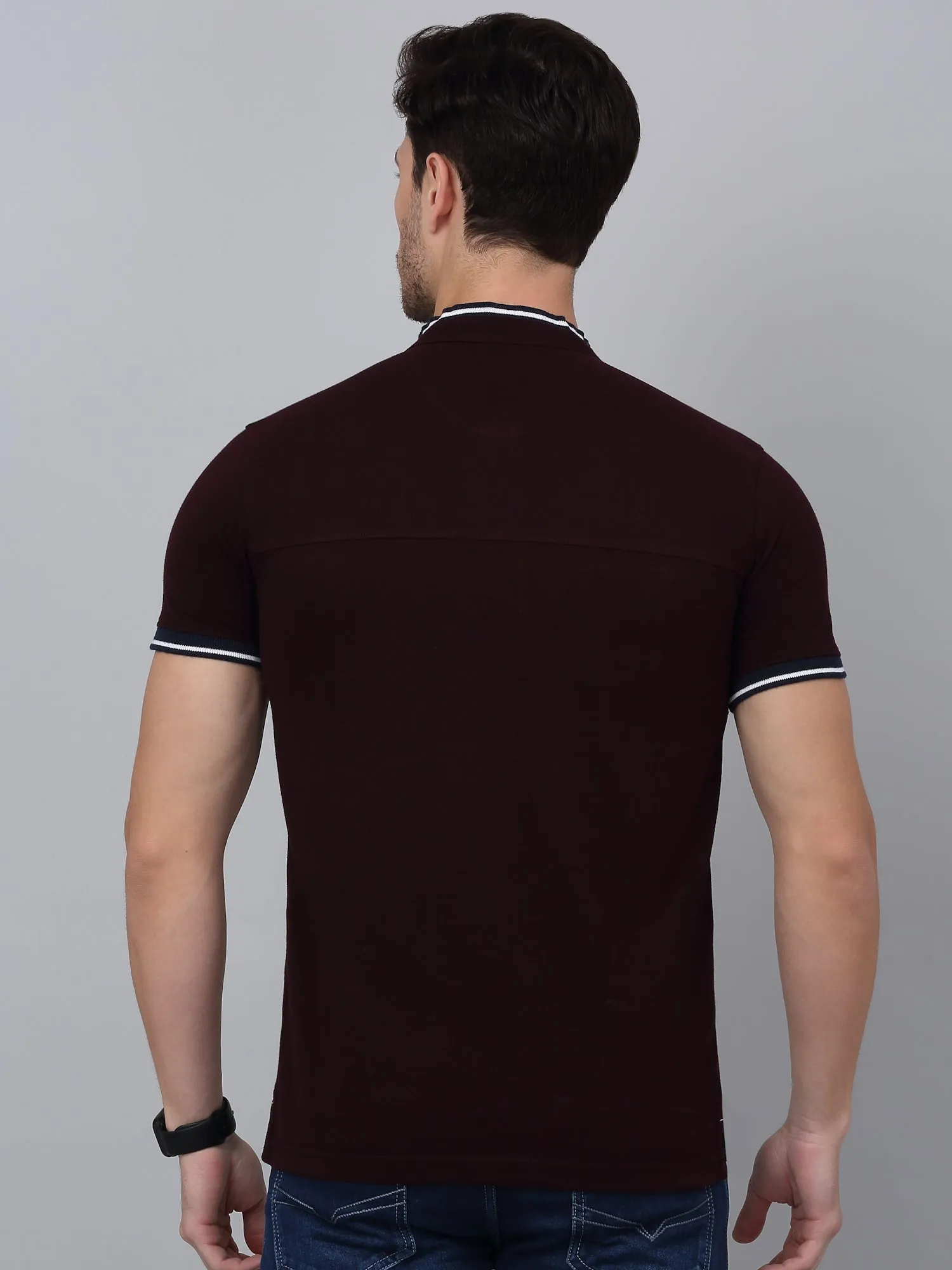 Men's Wine Printed Mandarin Collar T-shirt