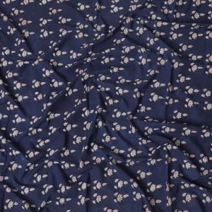 Navy blue organic cotton fabric with beige and chocolate brown print in fancy design-D13874