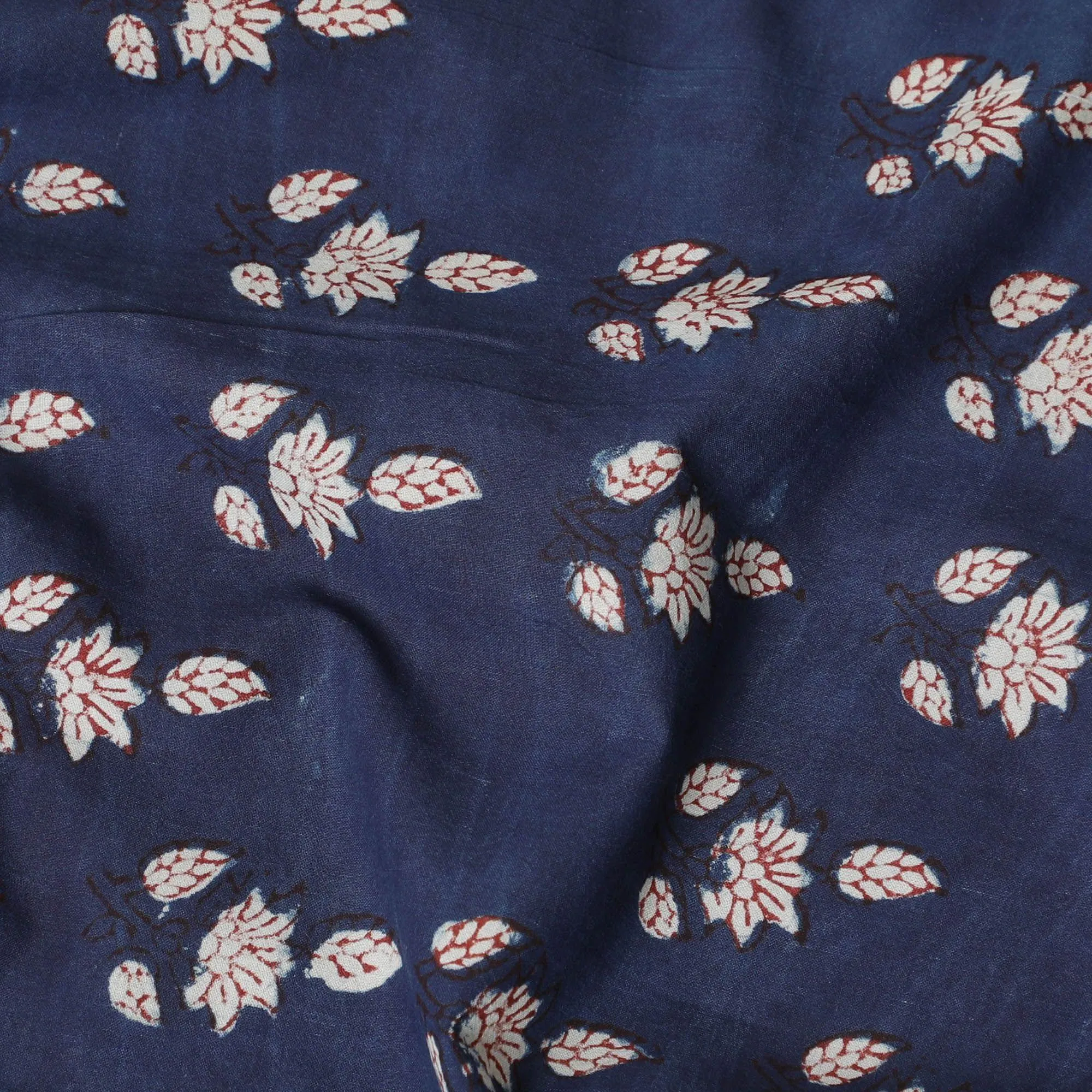 Navy blue organic cotton fabric with beige and chocolate brown print in fancy design-D13874