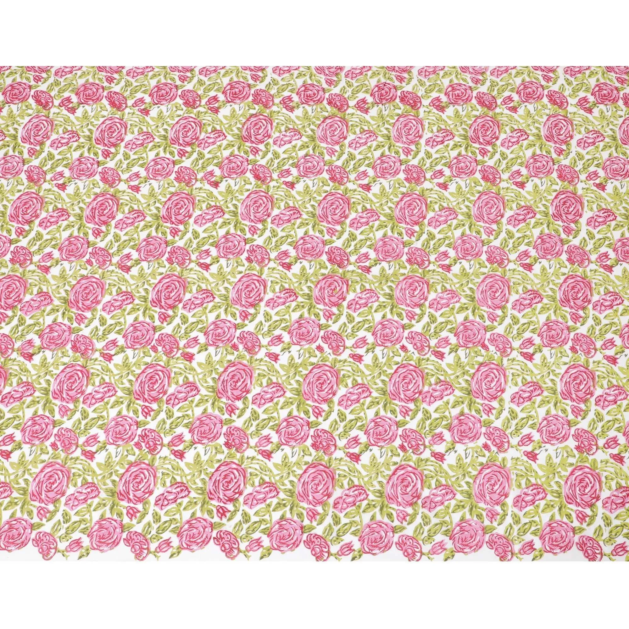 Off white organic cotton fabric with sage green and taffy pink screen block print in floral design-D10278