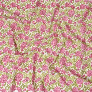 Off white organic cotton fabric with sage green and taffy pink screen block print in floral design-D10278