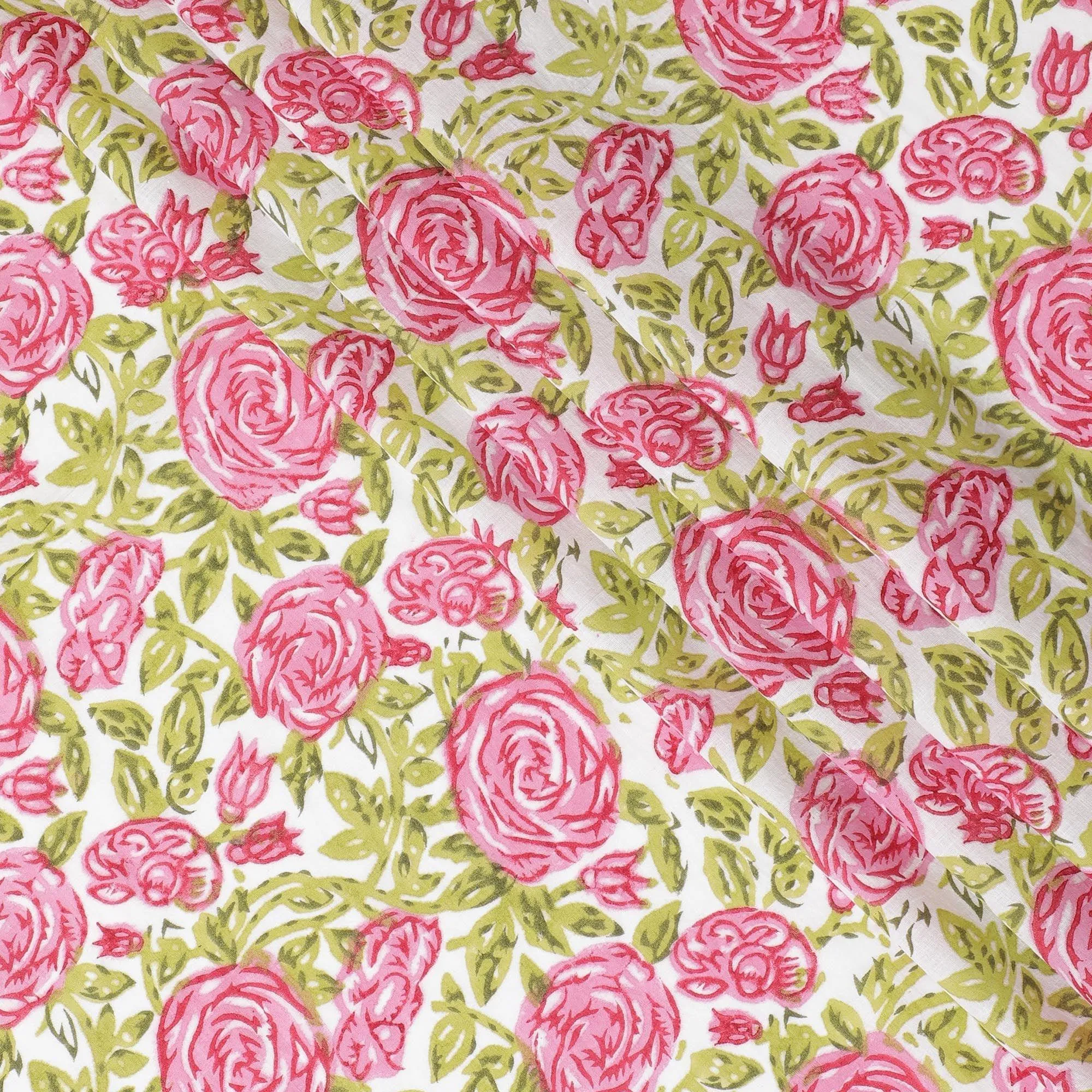 Off white organic cotton fabric with sage green and taffy pink screen block print in floral design-D10278