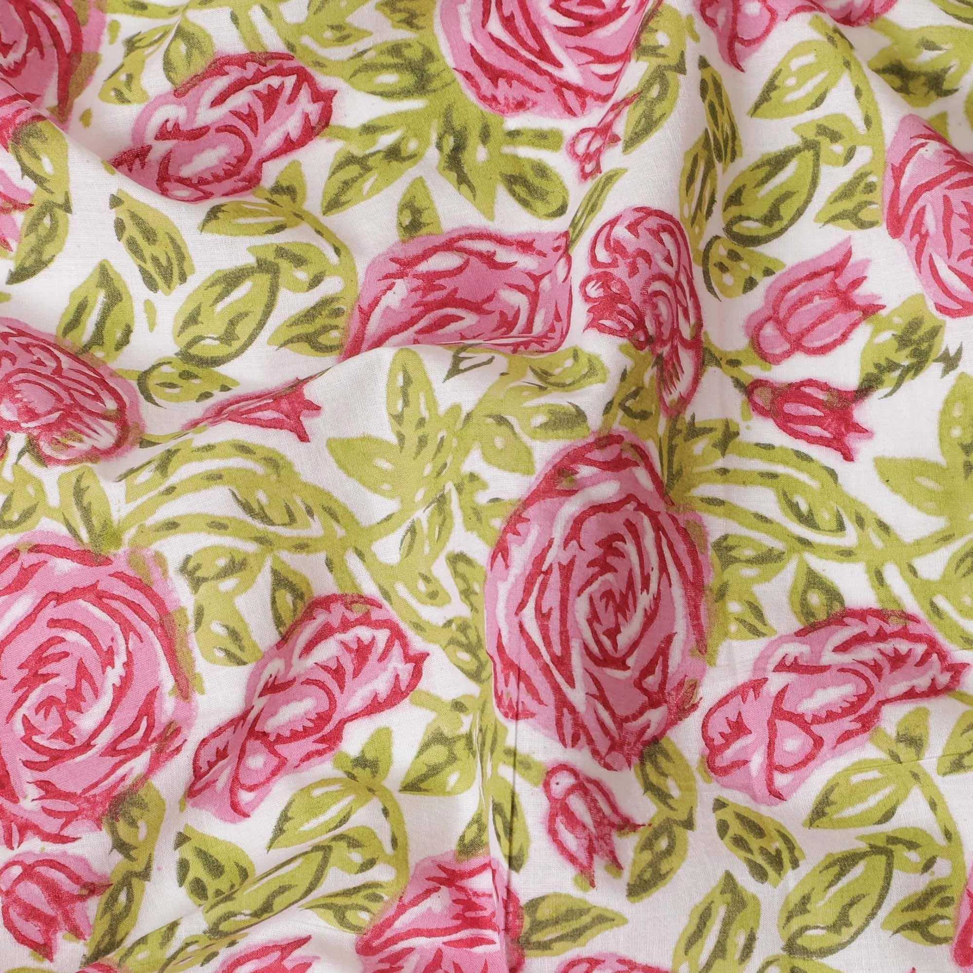 Off white organic cotton fabric with sage green and taffy pink screen block print in floral design-D10278