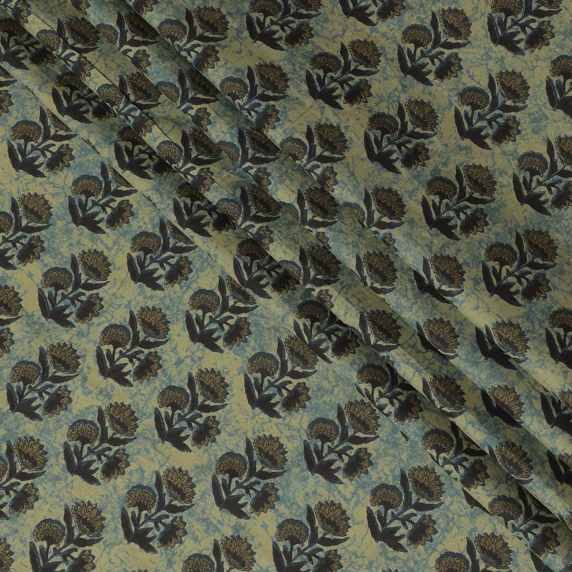 Olive green organic cotton fabric with black and Mehindi green screen block print in floral design-D10289