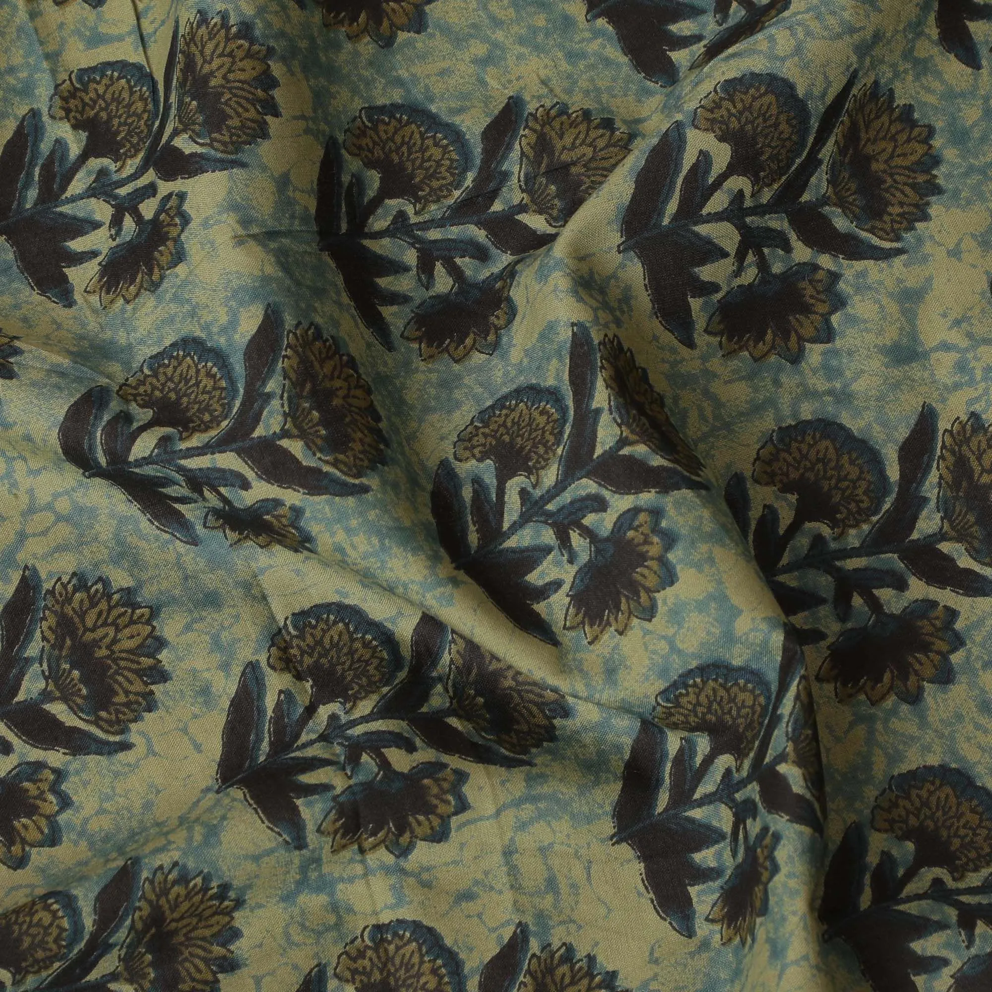 Olive green organic cotton fabric with black and Mehindi green screen block print in floral design-D10289