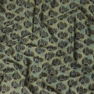 Olive green organic cotton fabric with black and Mehindi green screen block print in floral design-D10289