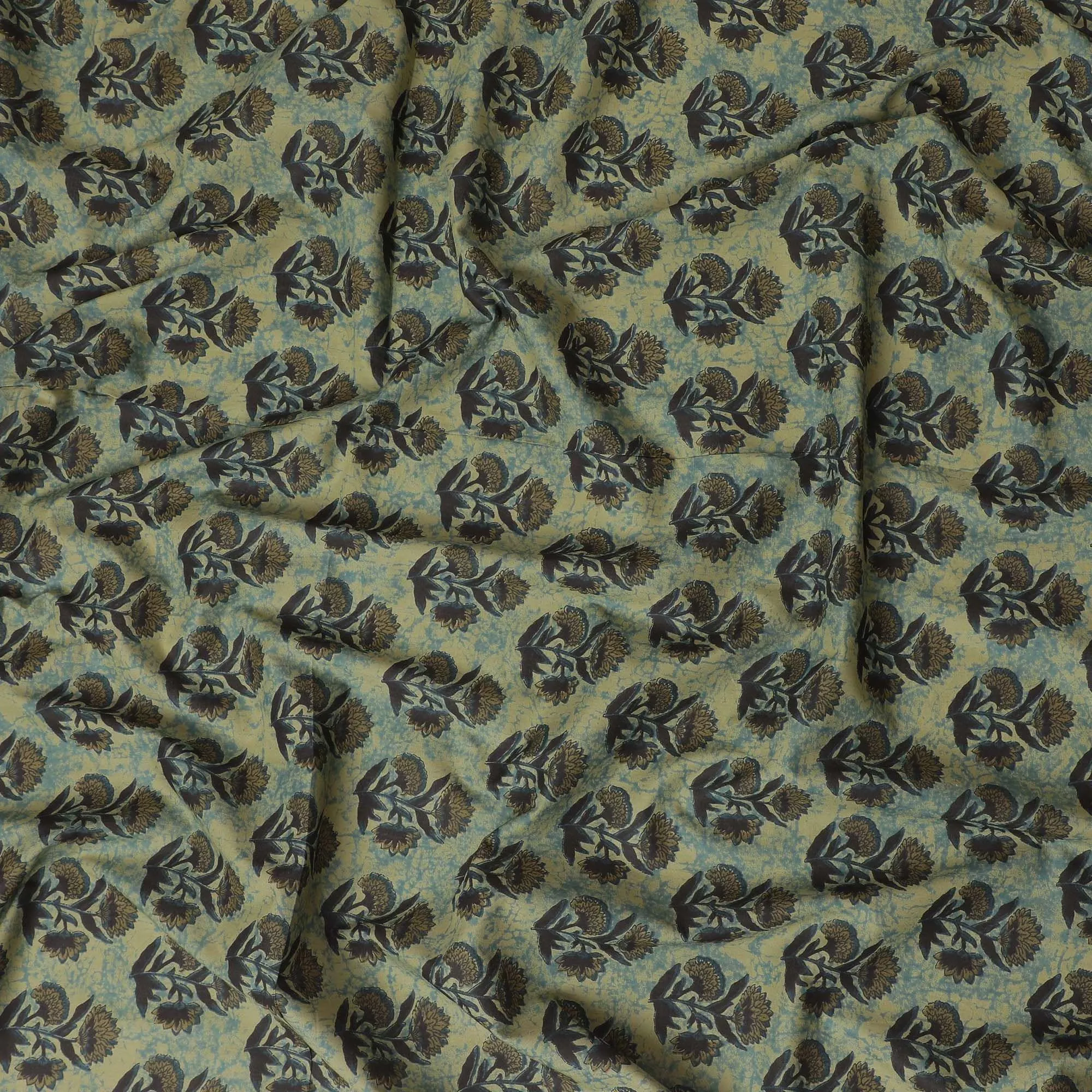 Olive green organic cotton fabric with black and Mehindi green screen block print in floral design-D10289