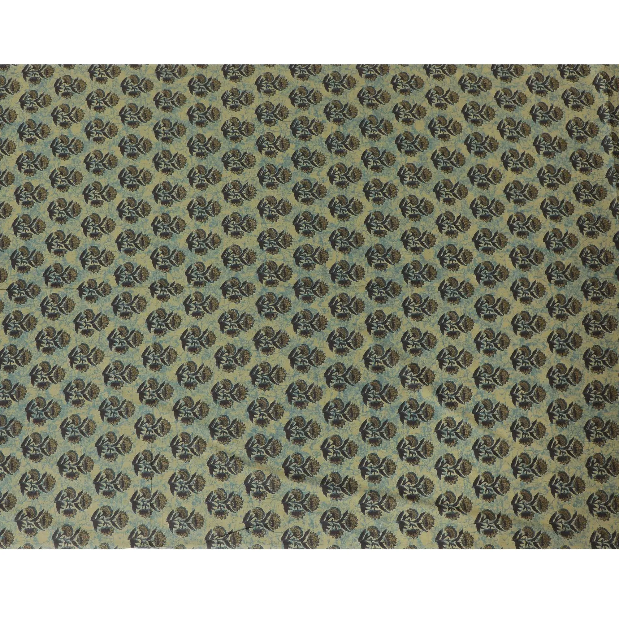 Olive green organic cotton fabric with black and Mehindi green screen block print in floral design-D10289