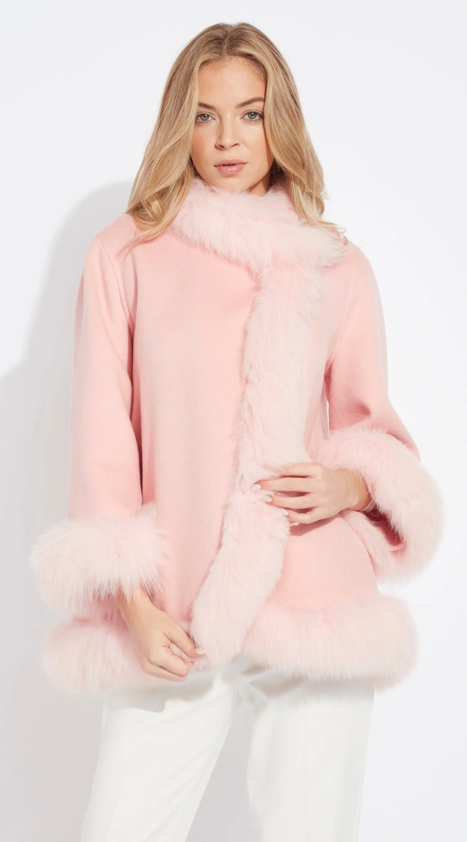 OUTLET Luxy Cashmere & Fox Fur Wrap Coat - Pink