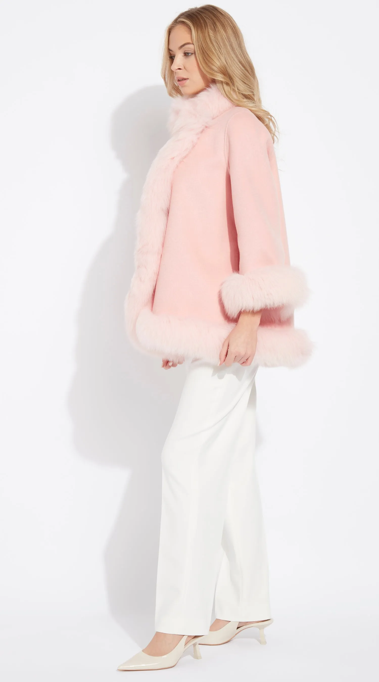 OUTLET Luxy Cashmere & Fox Fur Wrap Coat - Pink