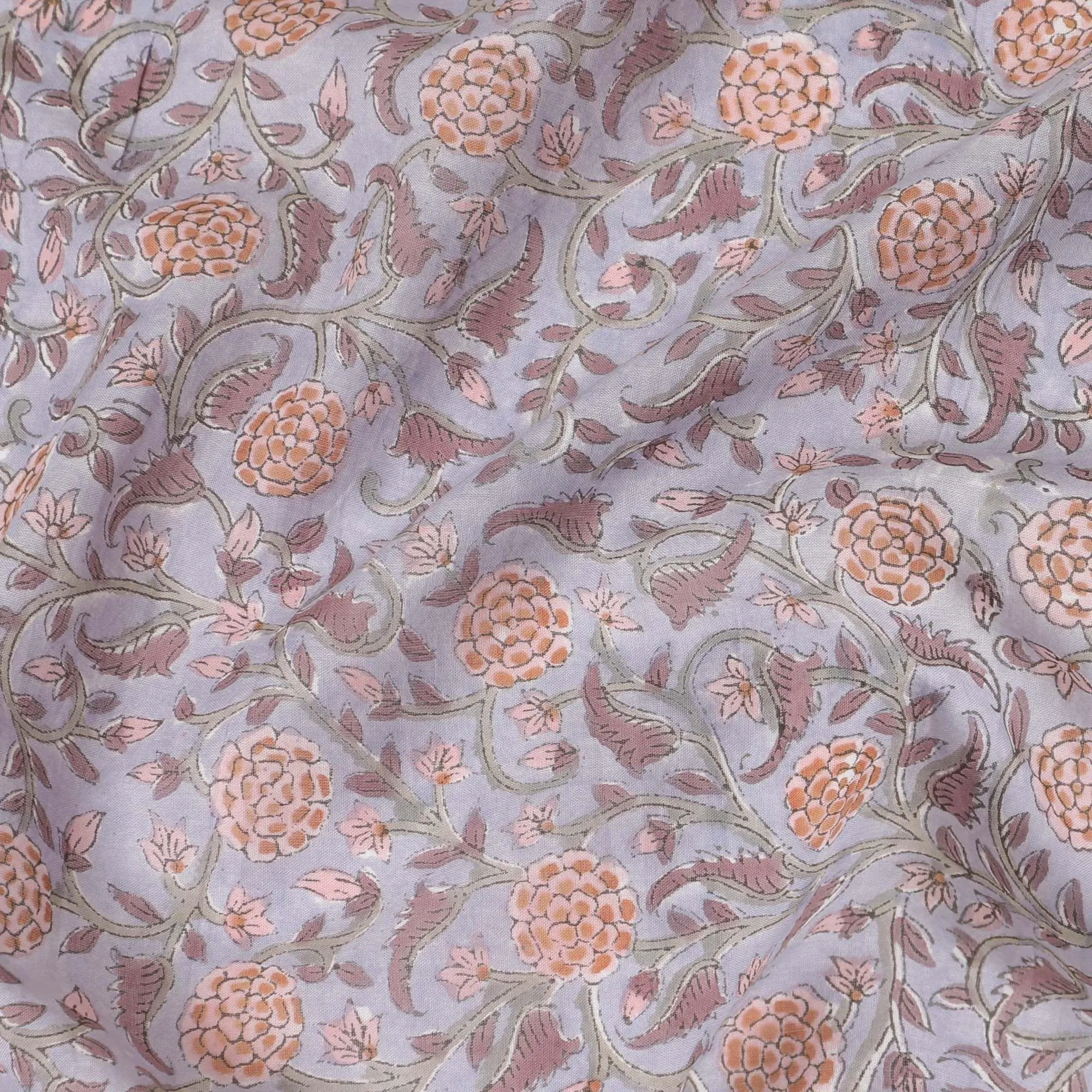 Pearl grey organic cotton fabric with laurel green, light peach and brick pink print in floral design-D10391