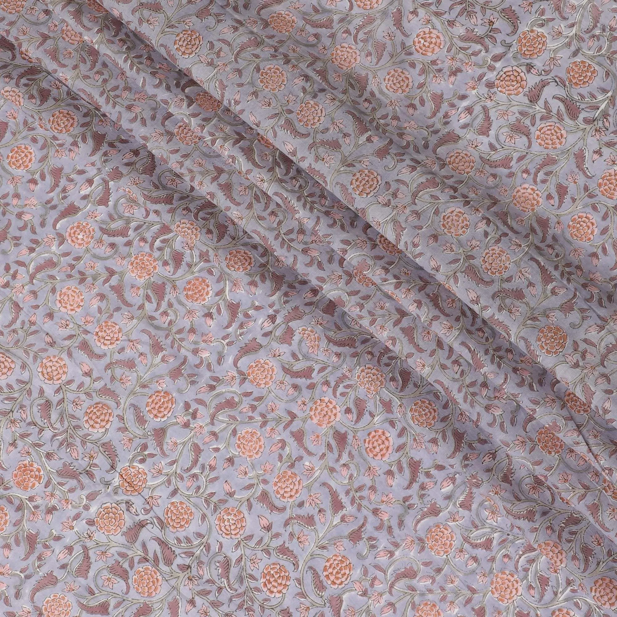 Pearl grey organic cotton fabric with laurel green, light peach and brick pink print in floral design-D10391