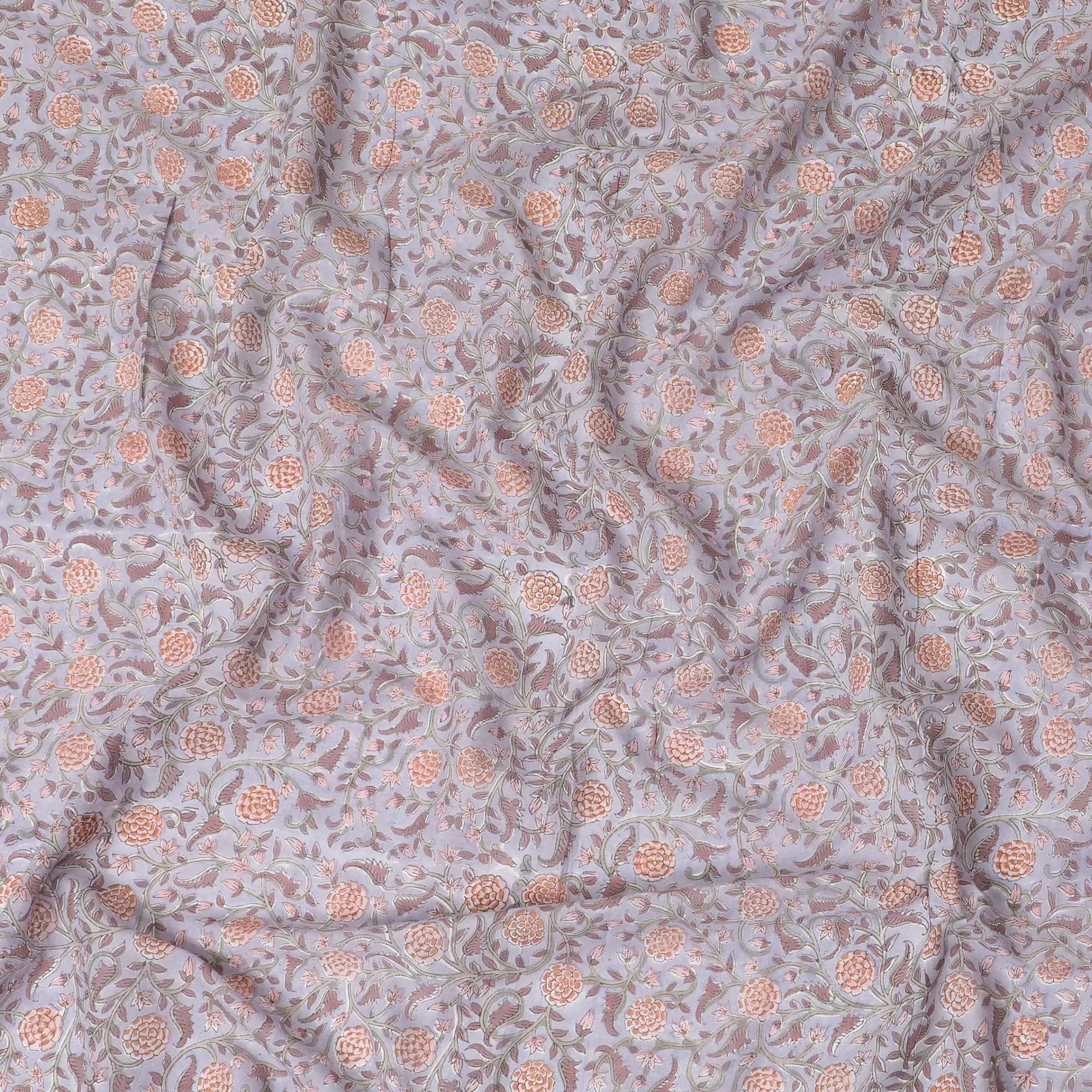 Pearl grey organic cotton fabric with laurel green, light peach and brick pink print in floral design-D10391