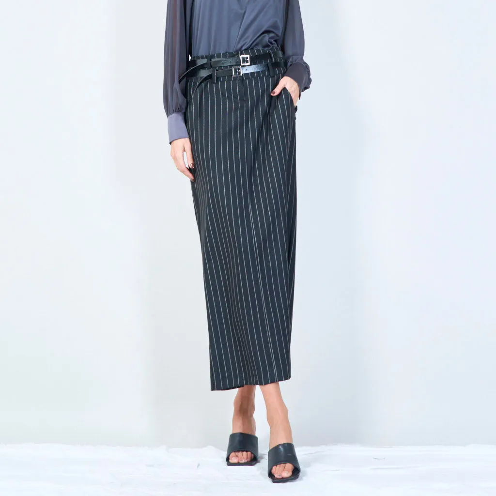 Pinstripe midi pencil skirt with double belt wholesale