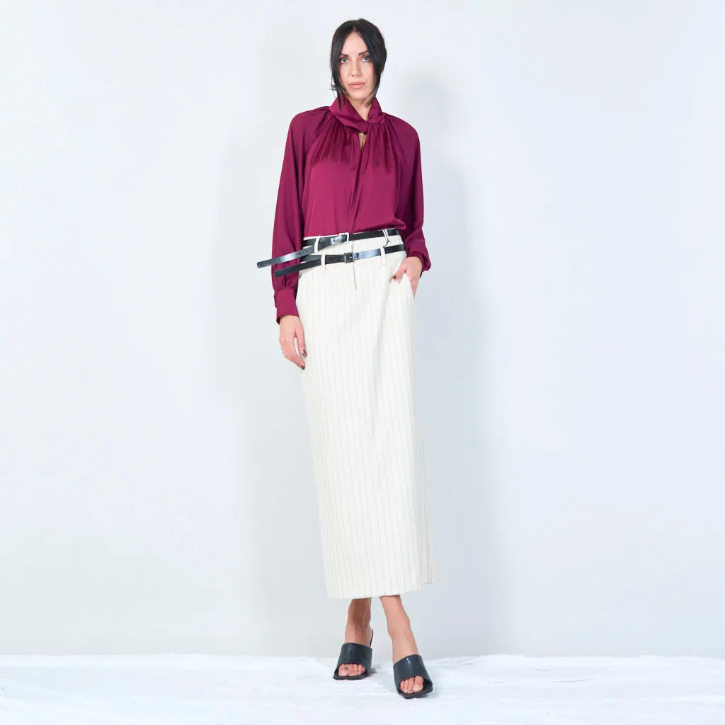 Pinstripe midi pencil skirt with double belt wholesale