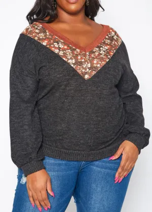 Plus Size Women Floral Print V Neck Long Sleeves Sweater