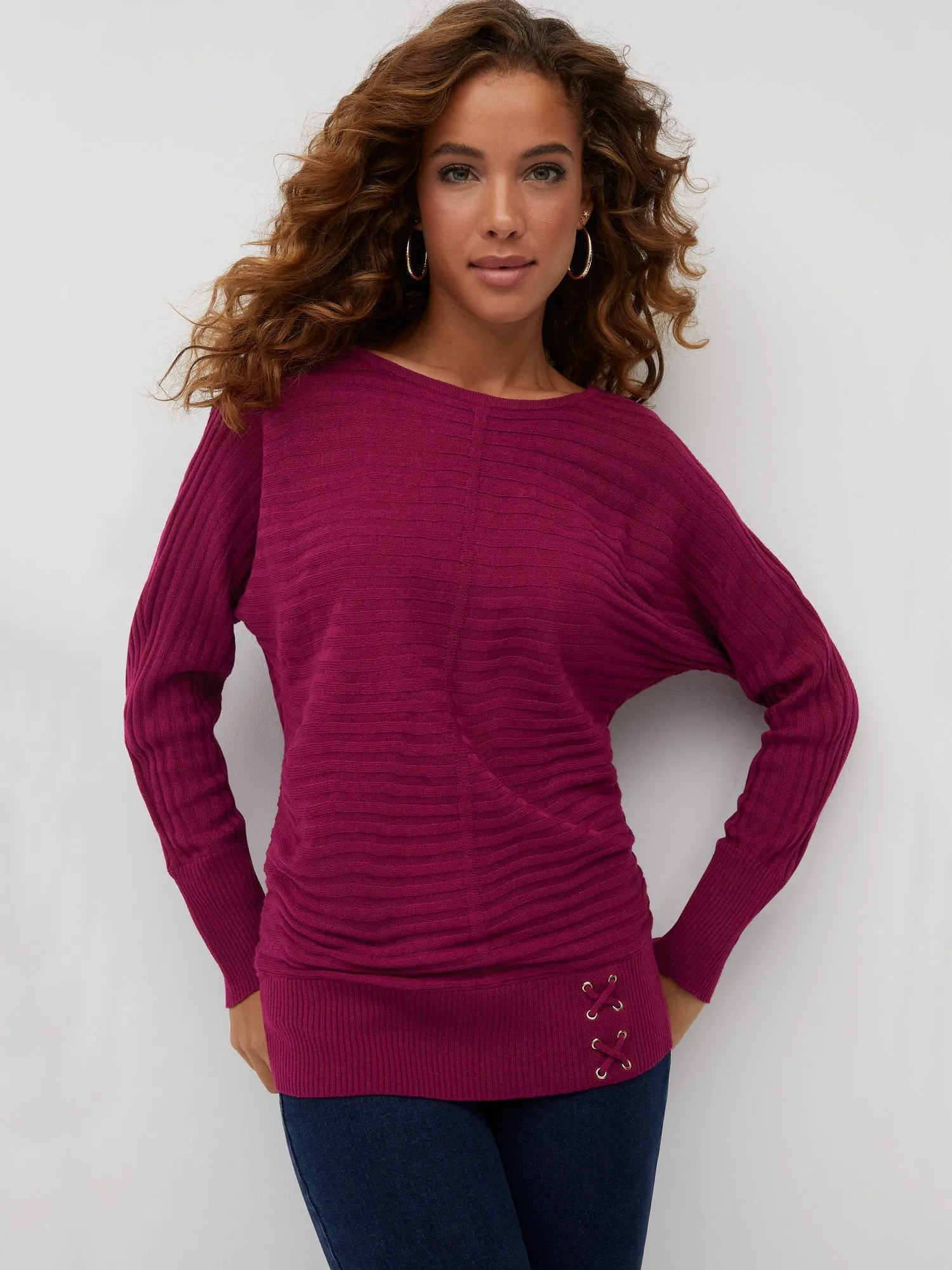 Ribbed Lace-Up Waist Dolman Sweater