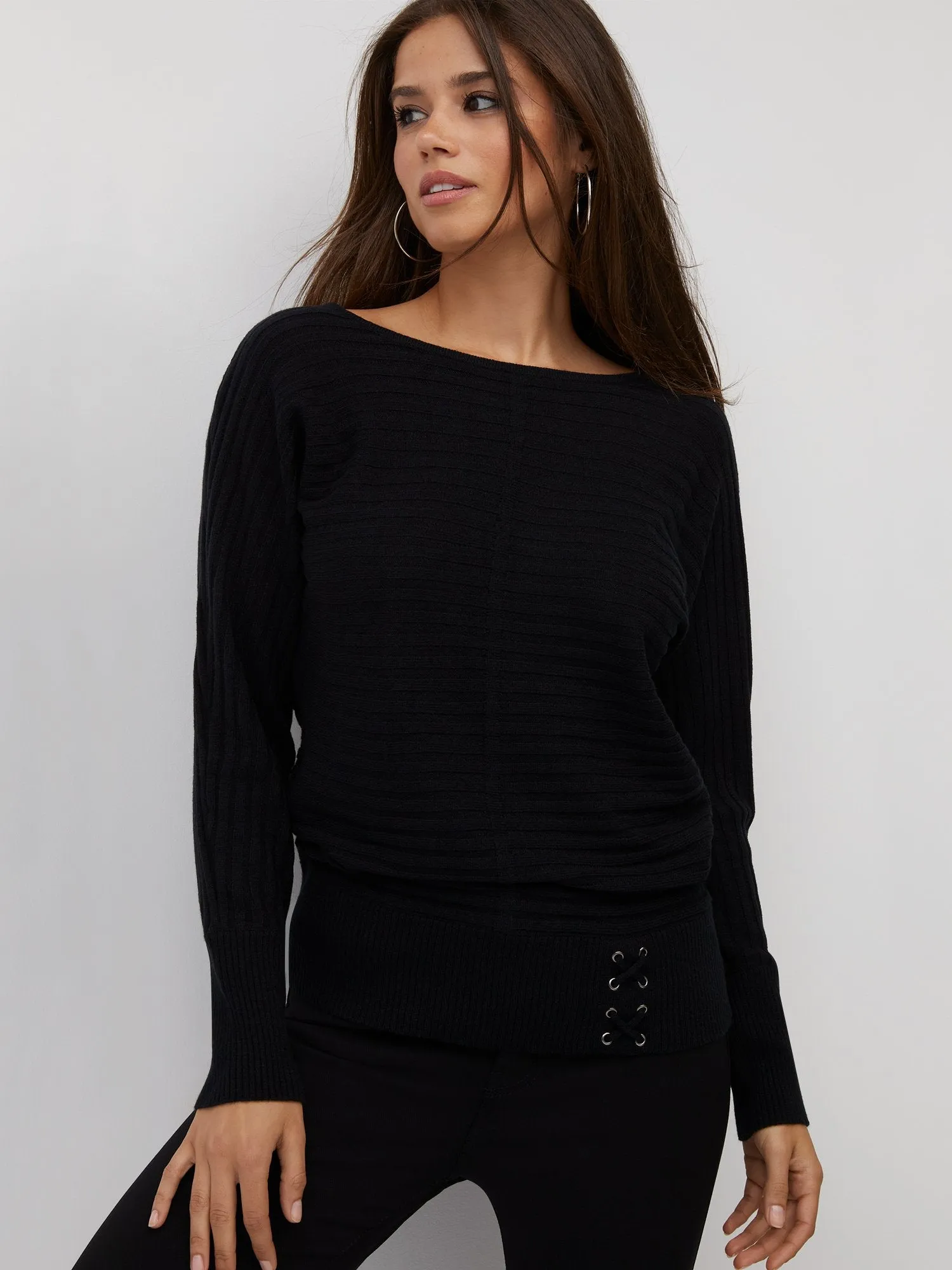 Ribbed Lace-Up Waist Dolman Sweater