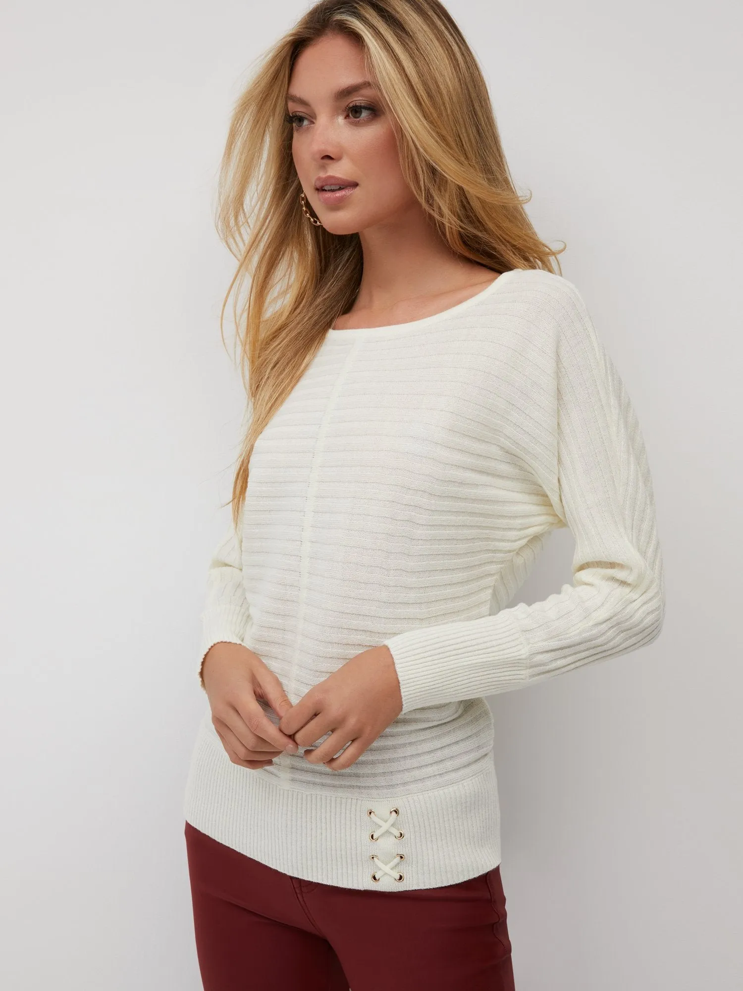 Ribbed Lace-Up Waist Dolman Sweater