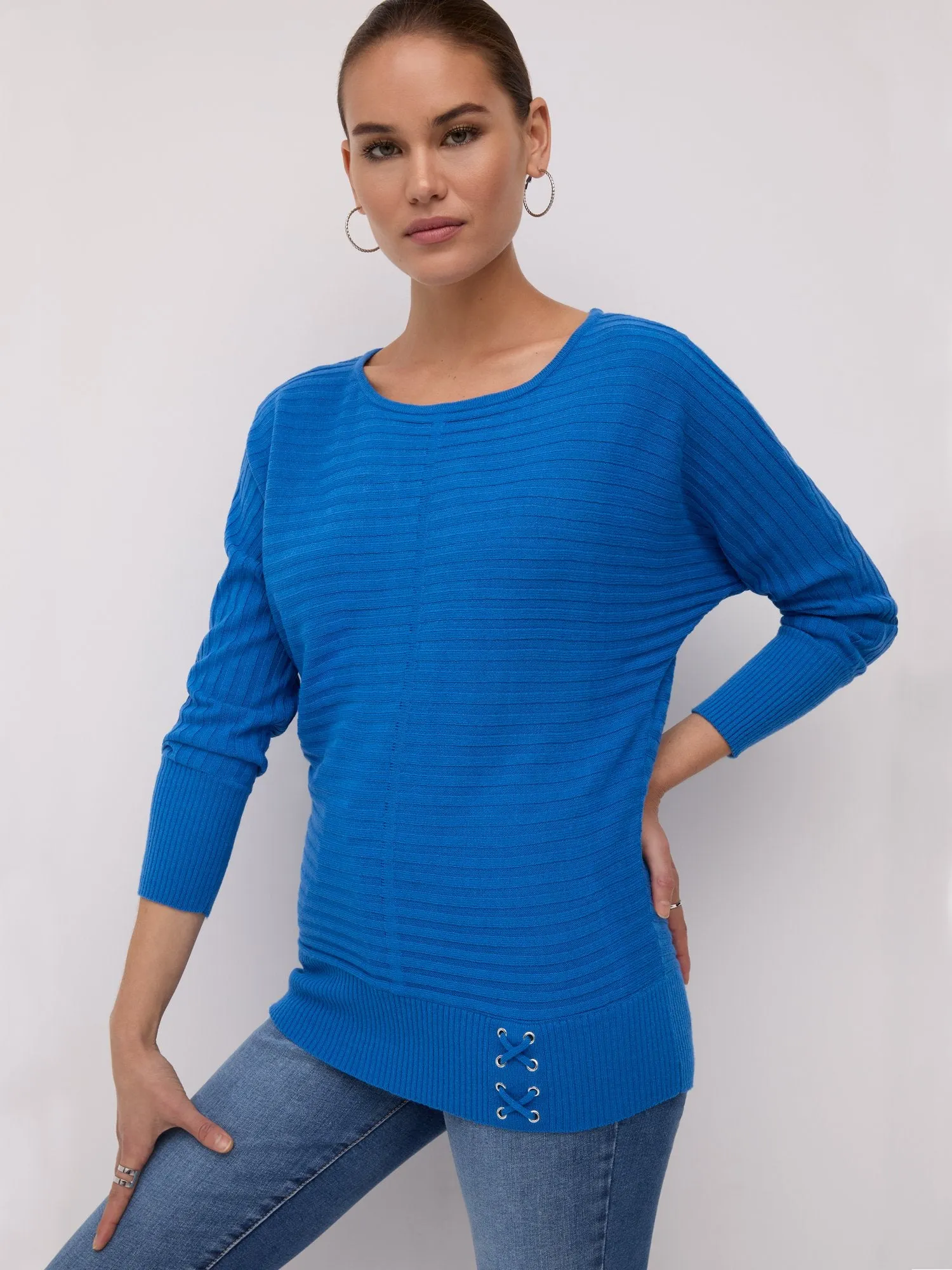 Ribbed Lace-Up Waist Dolman Sweater