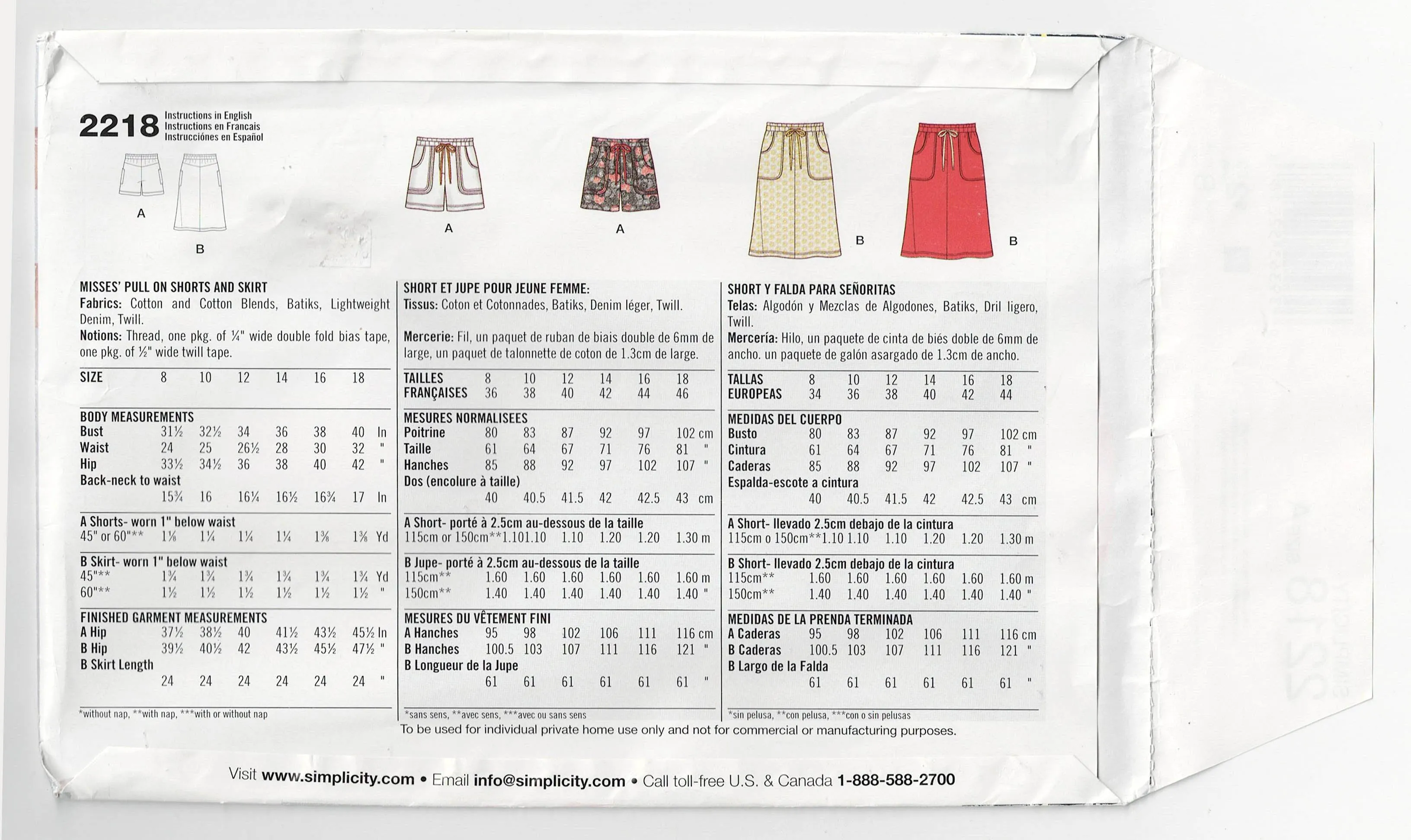 Simplicity 2218 Womens Hipster Skirts and Shorts Out Of Print Sewing Pattern Size 8 - 18 UNCUT Factory Folded