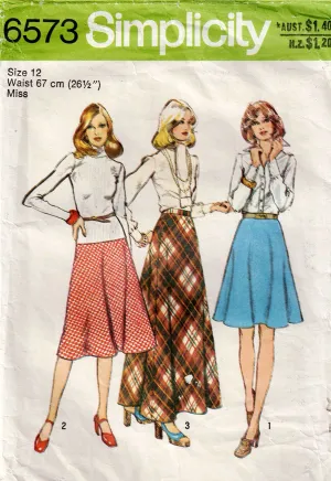 Simplicity 6573 Womens Flared Bias Maxi & Midi Skirts 1970s Vintage Sewing Pattern Size 12 Waist 26.5 Inches