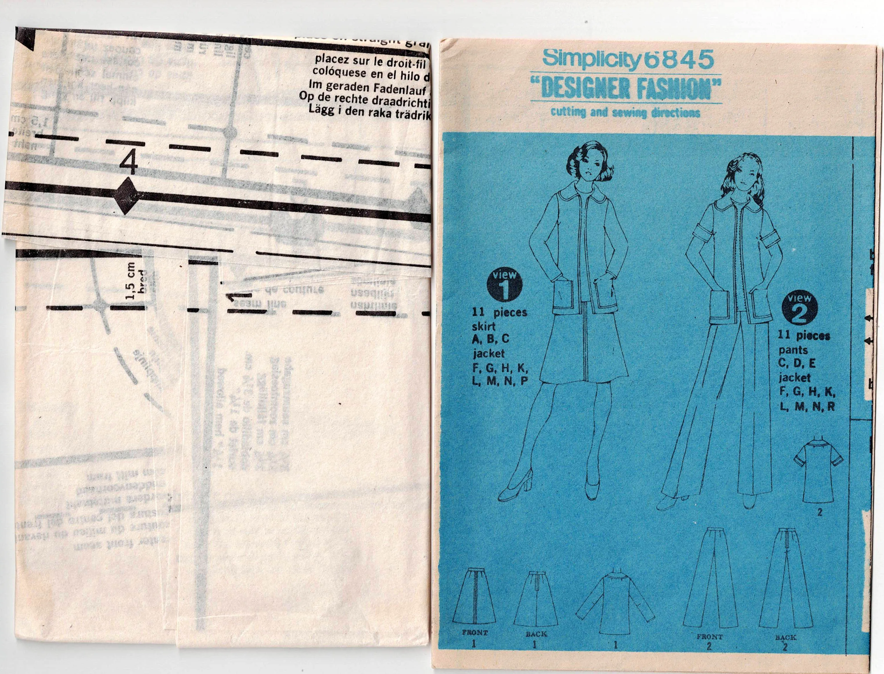 Simplicity 6845 DESIGNER Womens Wide Collar Jacket Skirt & Flared Leg Pants 1970s Vintage Sewing Pattern Size 12 Bust 34 inches